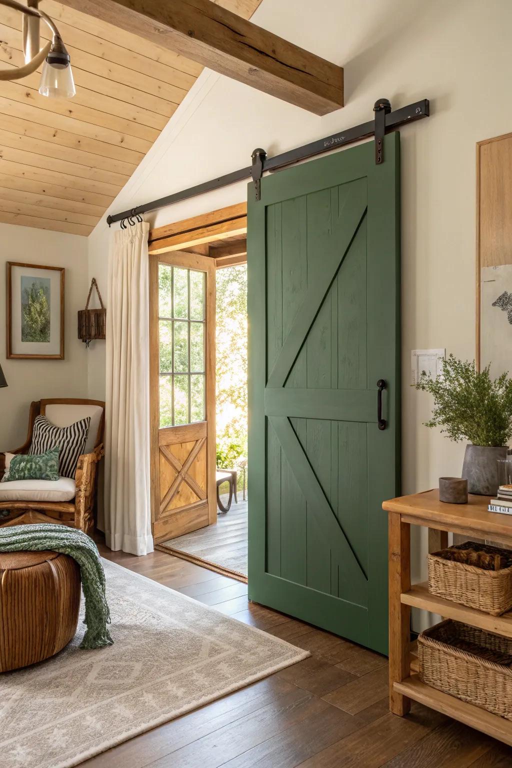 Forest green barn doors offer earthy sophistication.