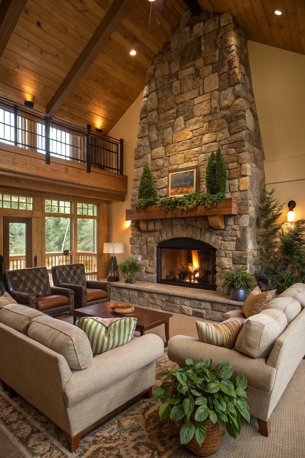 A stone fireplace is the heart of an inviting man cave.