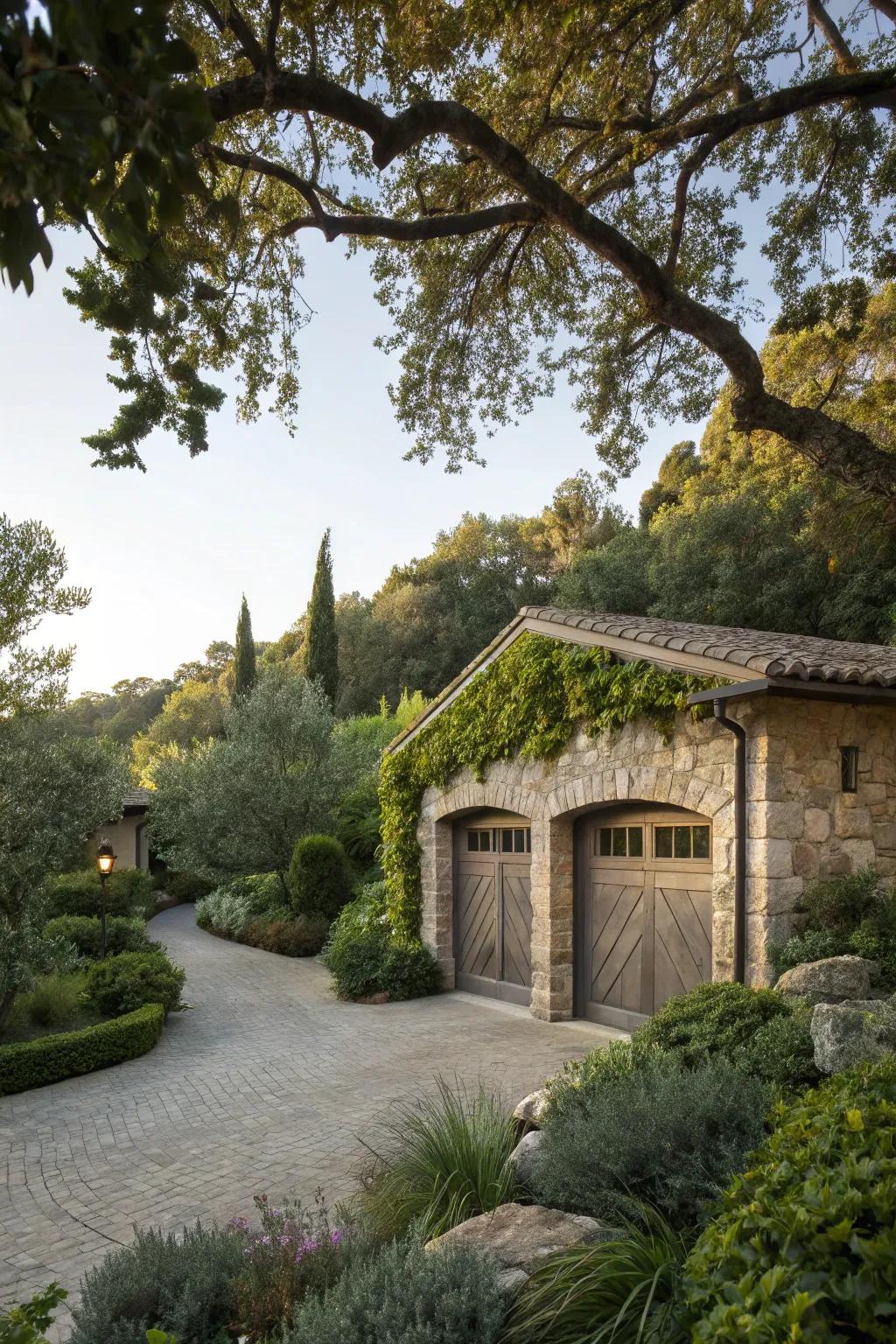 Integrated greenery enhances the charm of a stone garage.