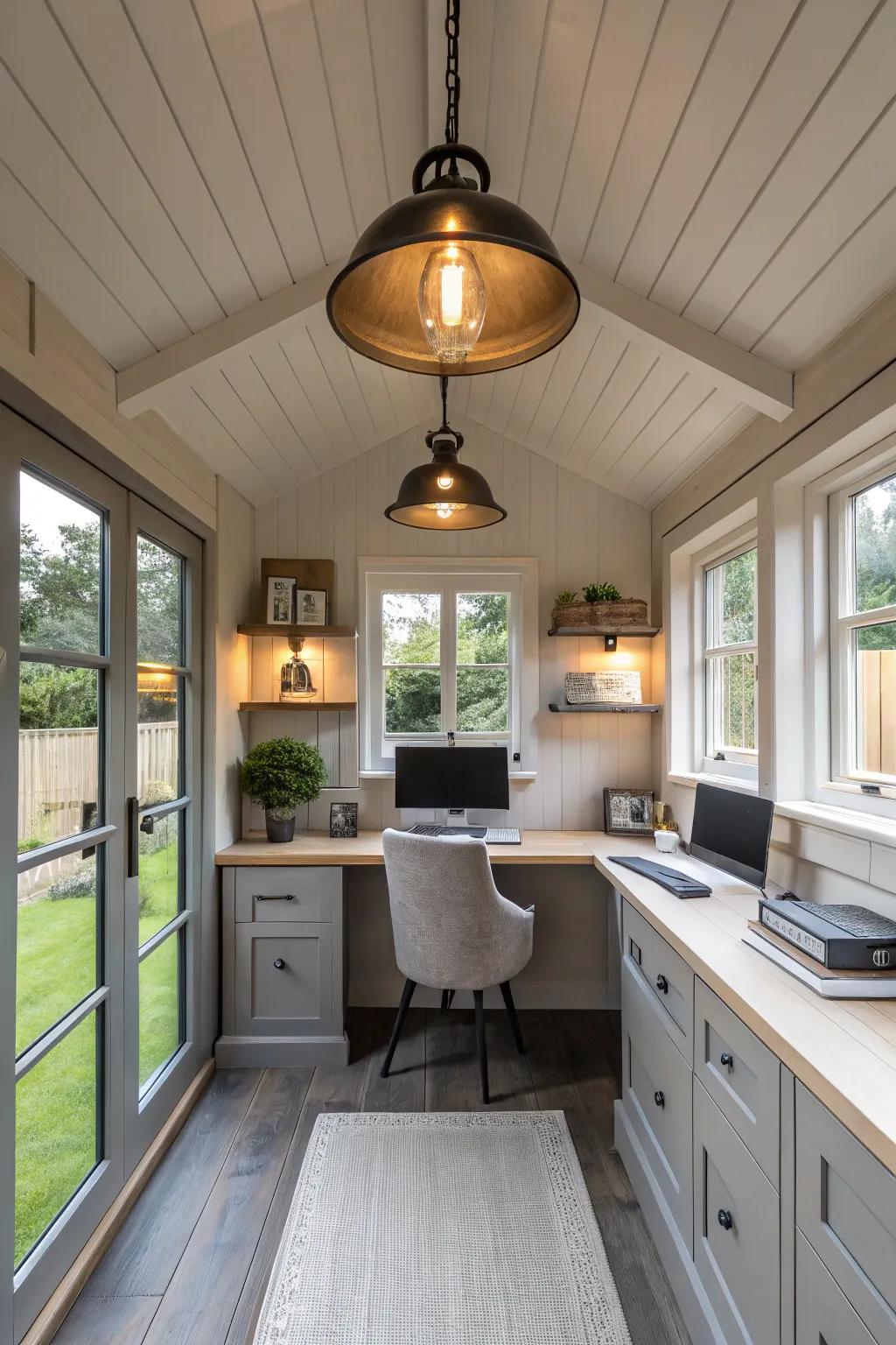 Modern lighting fixtures bring elegance and functionality to your shed office.