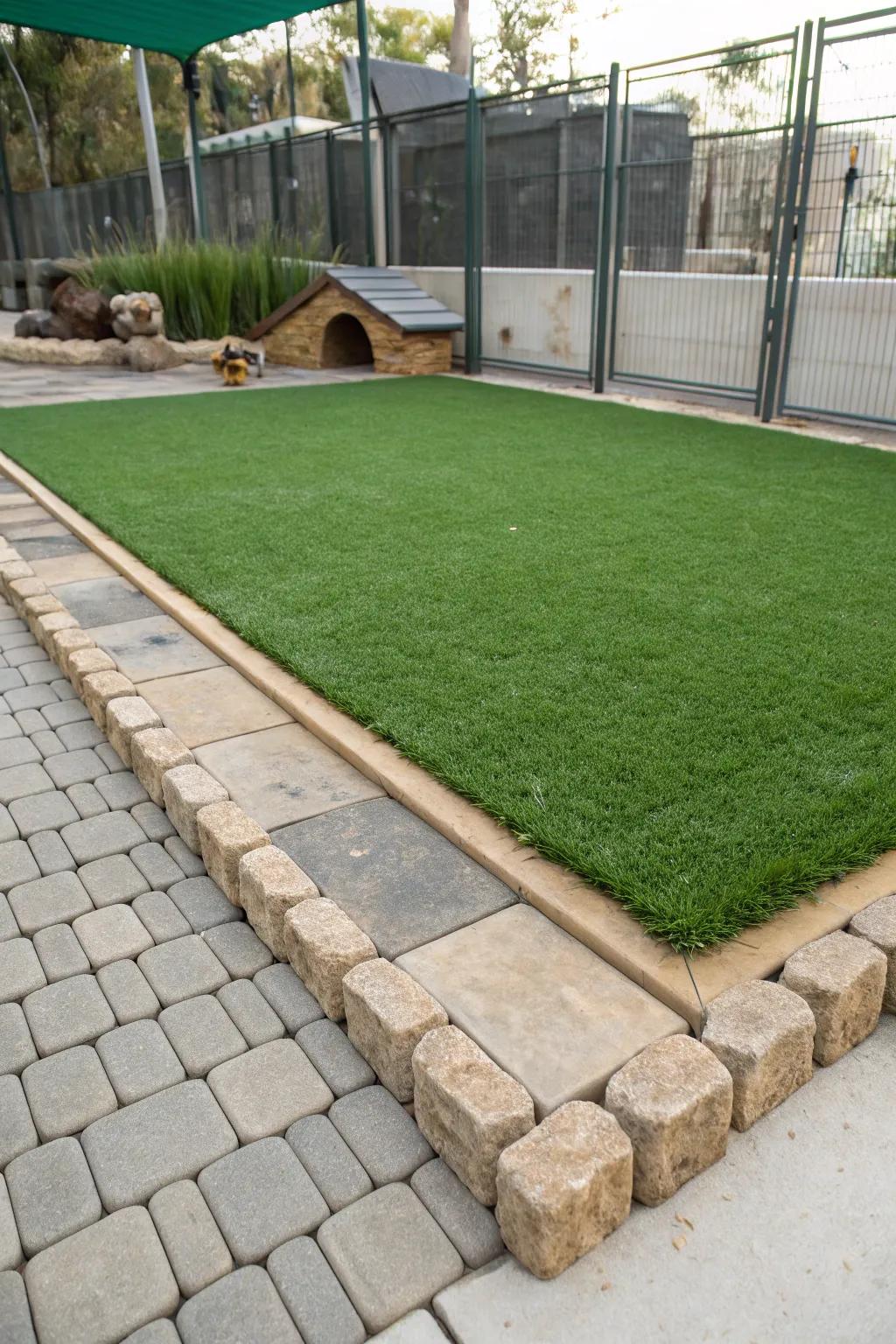 Create a perfect pet haven with the elegance of artificial grass and stone pavers.