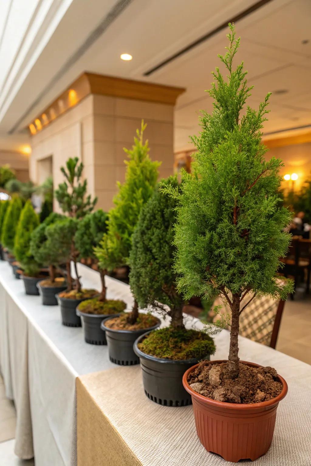 A charming indoor display of small evergreen trees, creating a mini tree farm.