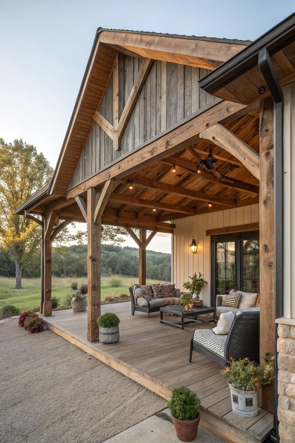 A gable roof porch adds a classic and protective touch to a pole barn.