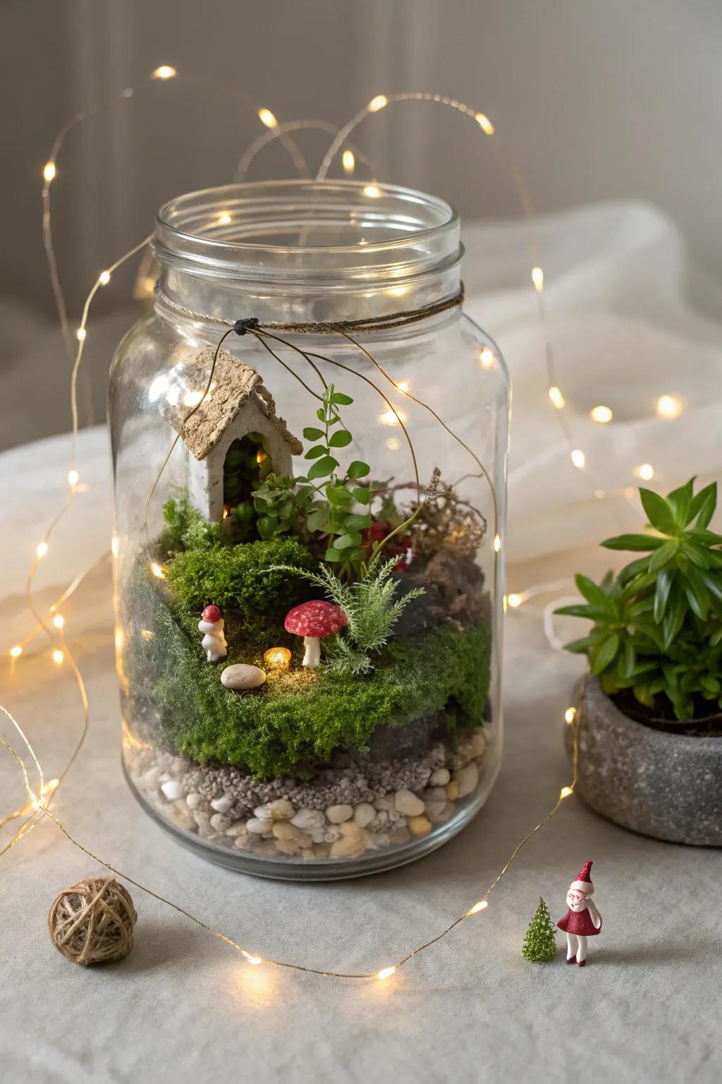 Step into a world of whimsy with this enchanting mason jar fairy gardenâa perfect blend of minimalist elegance and bohemian charm.