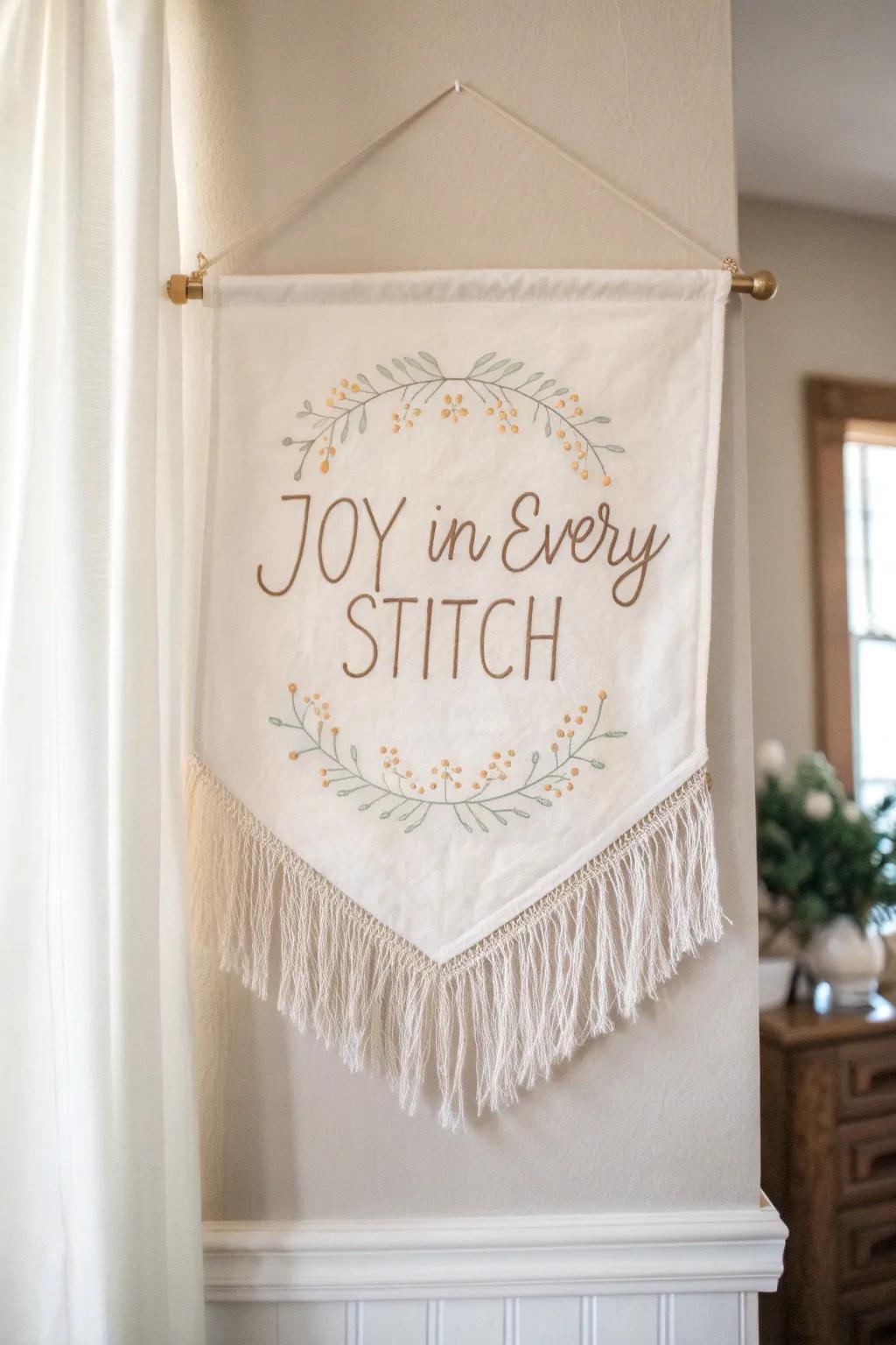 Embrace the art of free motion embroidery with this inspiring fabric bannerâwhere every stitch brings joy and beauty.