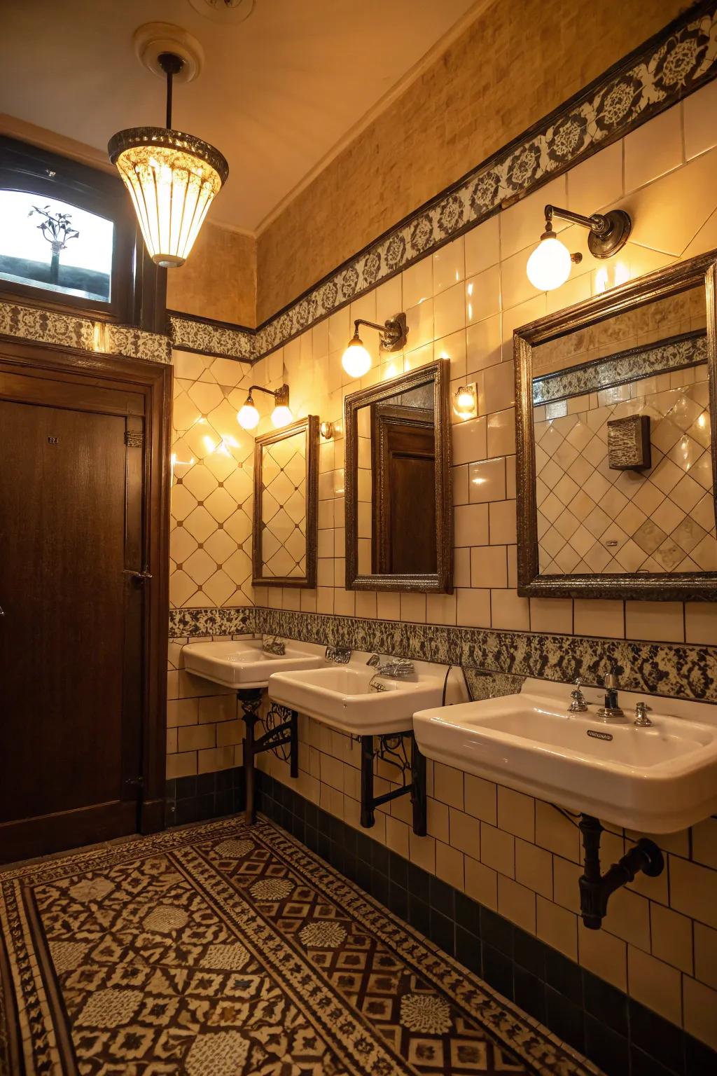 A bathroom featuring retro lighting fixtures that complement the vintage tile design.