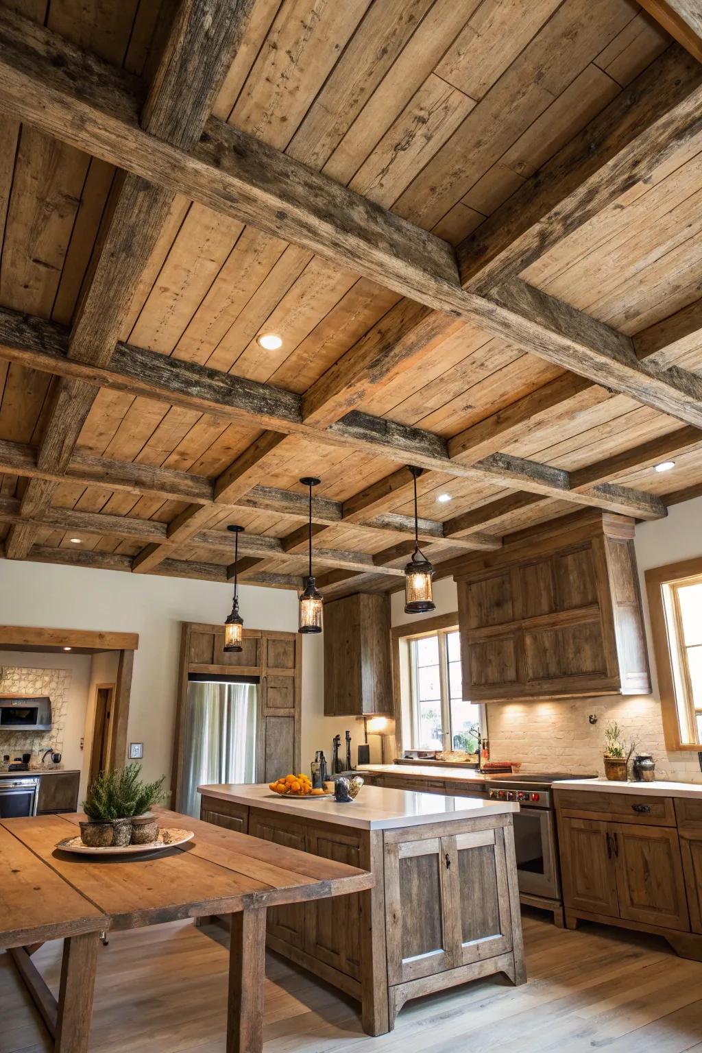 Rustic elements bring warmth to coffered ceilings.