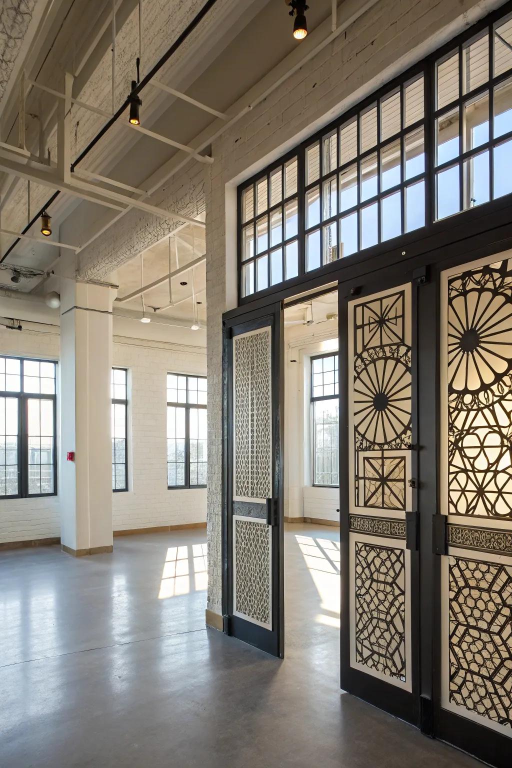 Geometric patterns on doors enhance contemporary loft aesthetics.