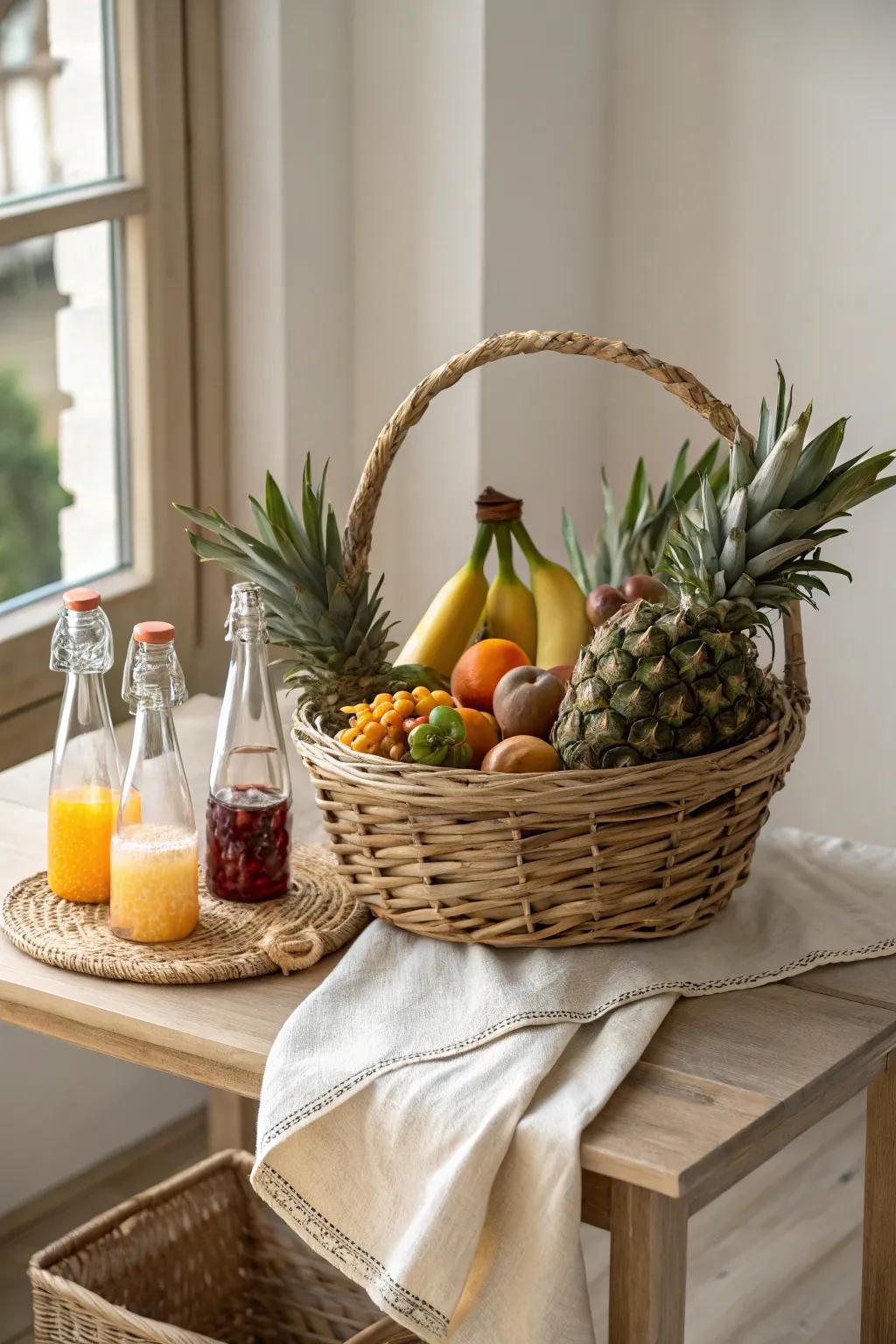 Bring the tropical escape home with a charming anniversary basket that speaks of sunlit beaches and island breezes. #HomeGetaway #AnniversaryIdeas