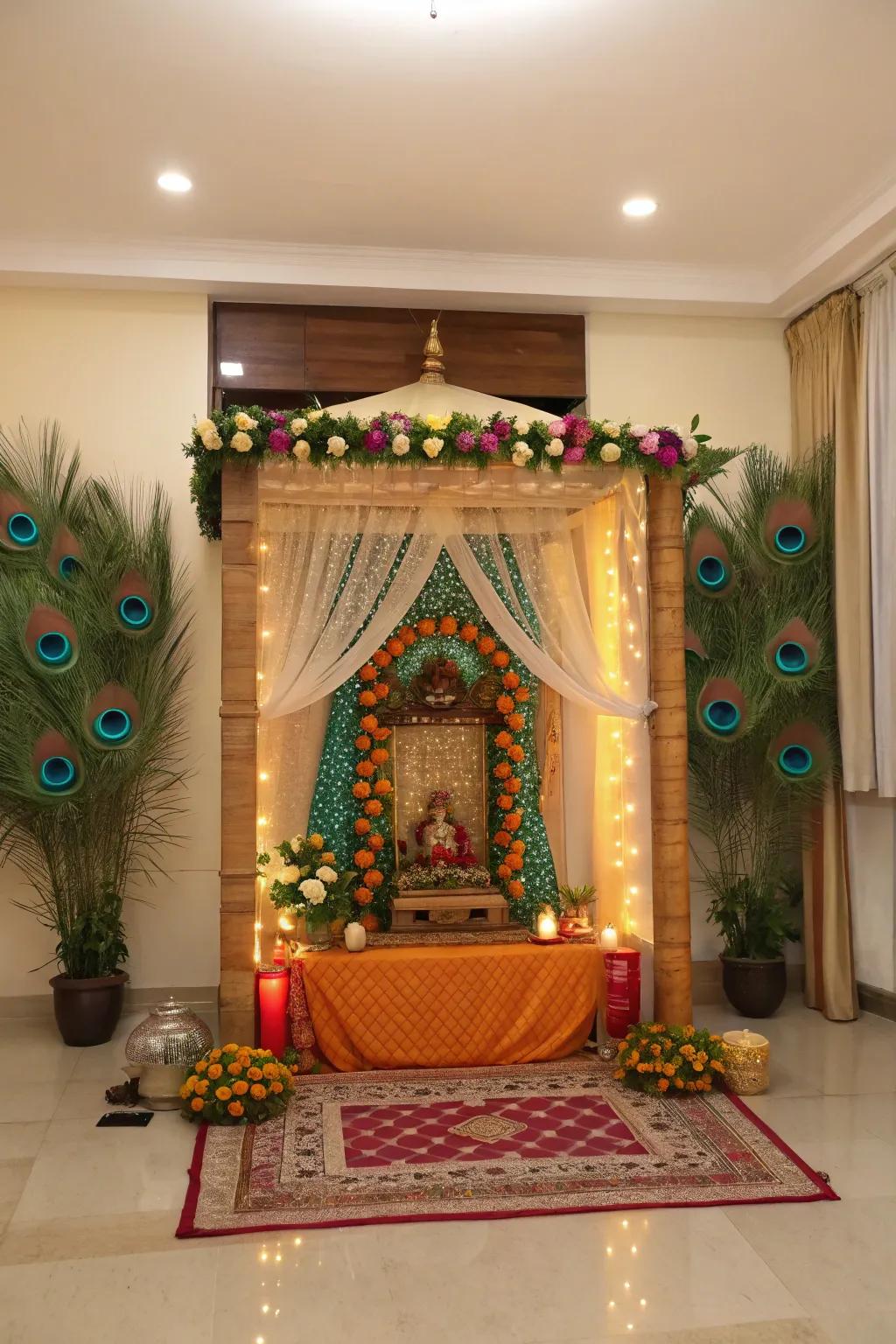 Peacock feathers create an elegant and auspicious backdrop for this Ganpati mandap.