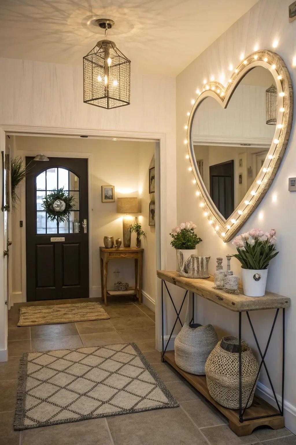 A heart-shaped mirror brightening up the entryway.