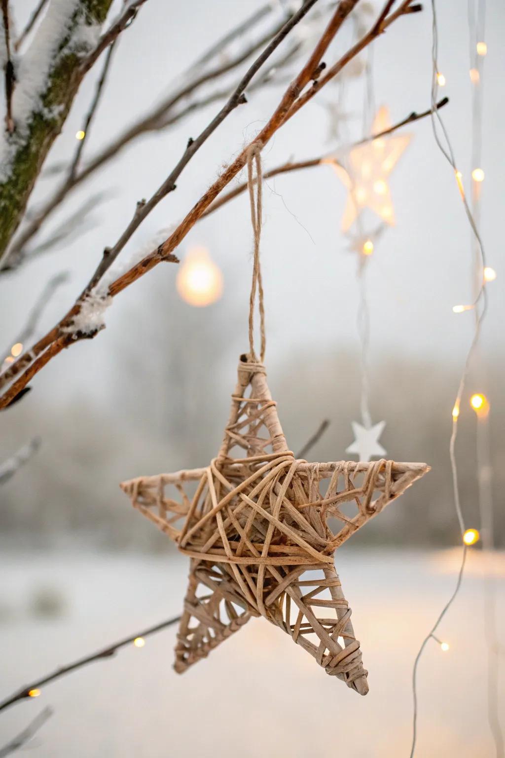Embrace rustic elegance with handcrafted twig and string star ornaments, perfect for a minimalist holiday touch.