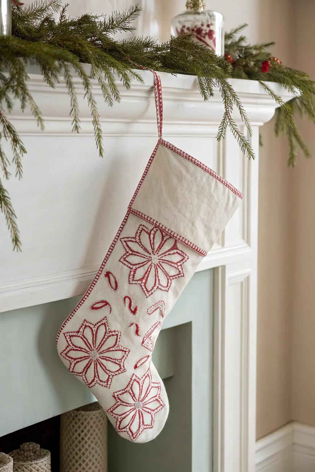 Add a touch of festive flair to your mantel with a charming candy cane-themed stocking, perfect for those who love simplicity and natural elegance.