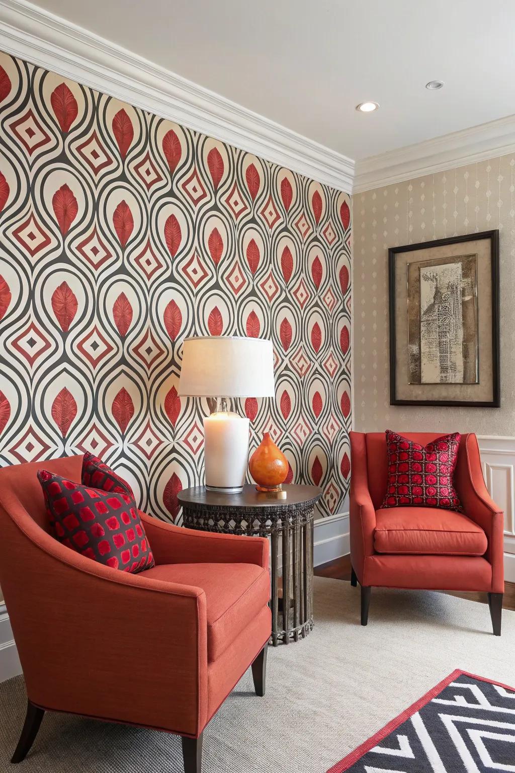 Bold wallpaper makes a striking statement.