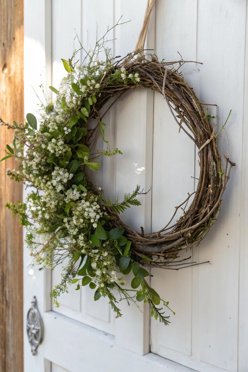 Embrace the serenity of nature with this handcrafted spring wreath, a perfect blend of rustic elegance and natural beauty.