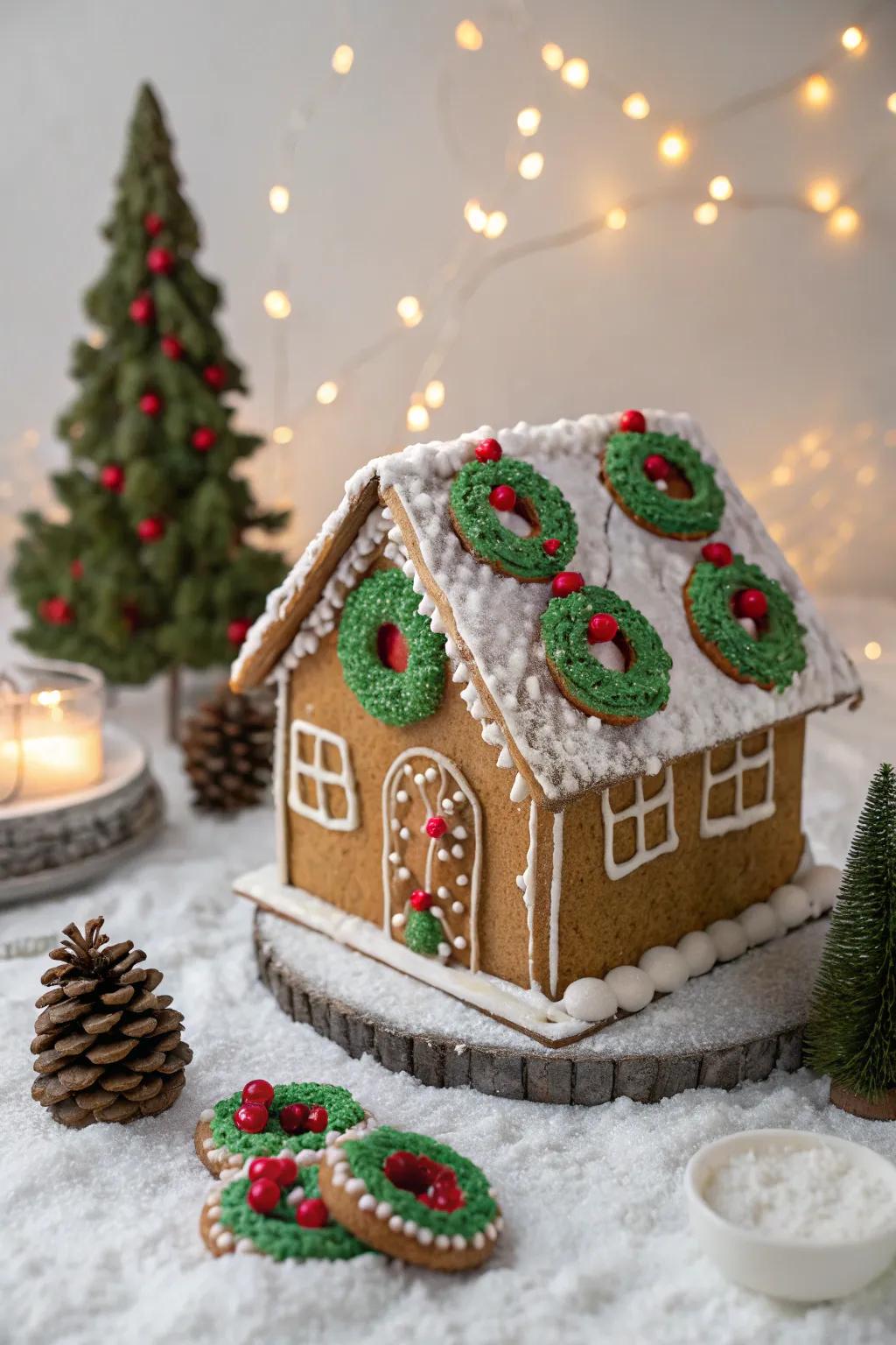 Elegant festive wreath accents on a gingerbread house, adding sophistication to holiday decor.