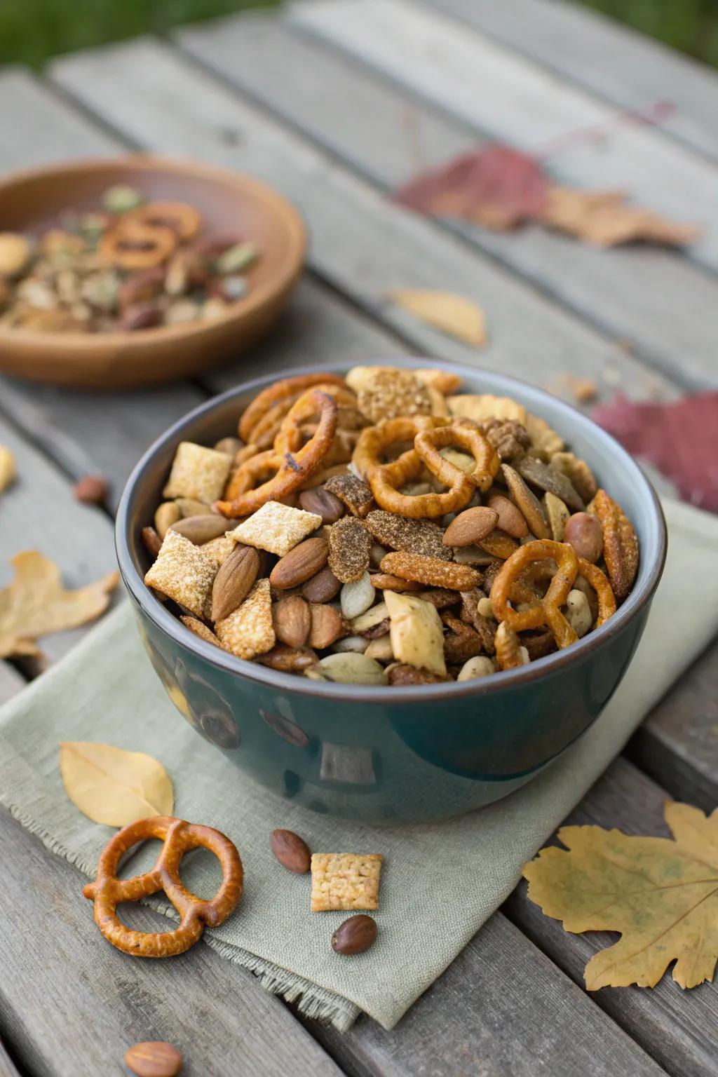 Savory snack mix: A crunchy, flavorful camping treat.