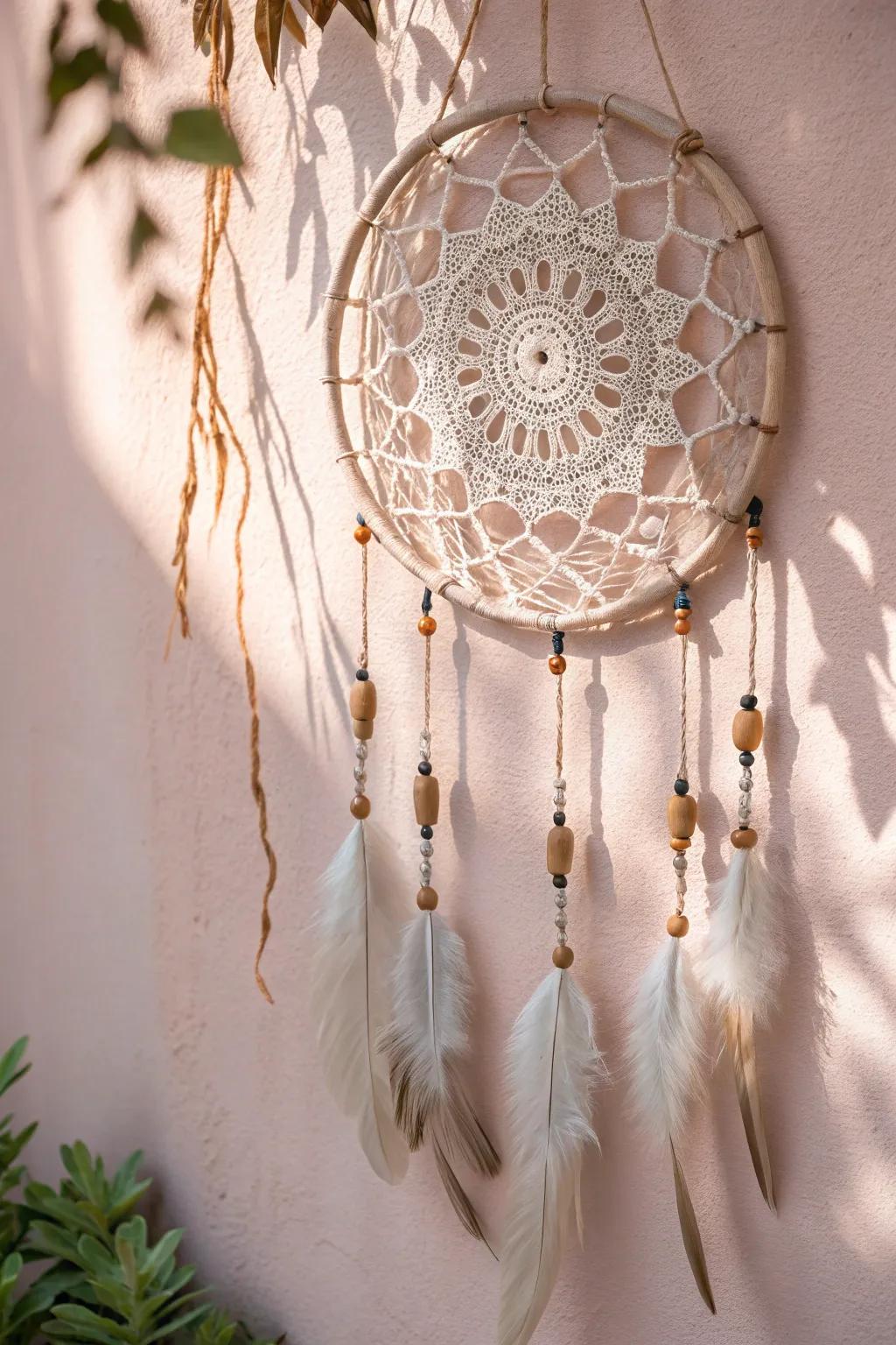 Embrace the elegance of simplicity with this enchanting doily dreamcatcher, where tradition meets modern boho style.