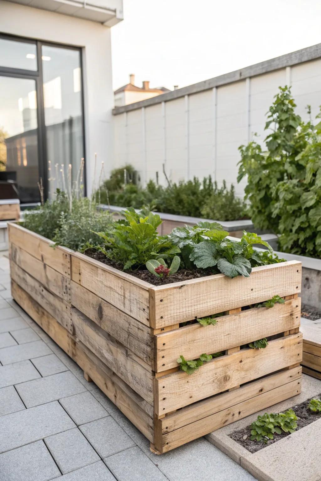Transform your garden with eco-friendly elegance: raised garden beds crafted from repurposed pallets.