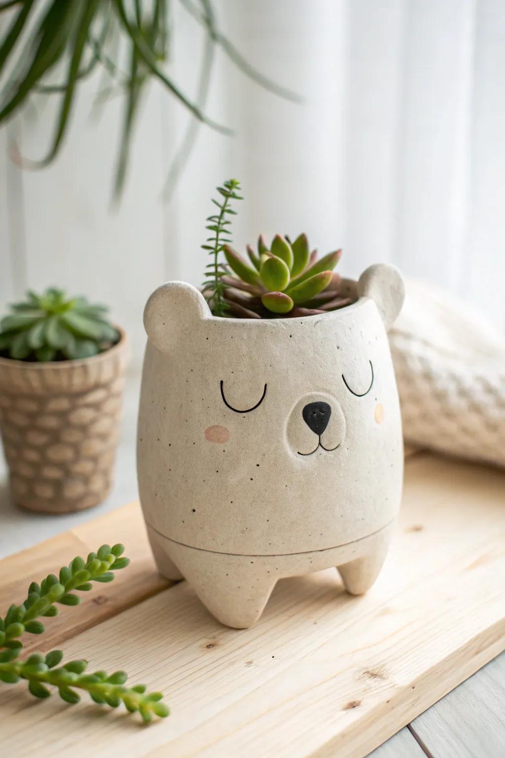 Embrace the charm of nature with this minimalist bear clay planter, perfect for adding a playful yet elegant touch to your space.