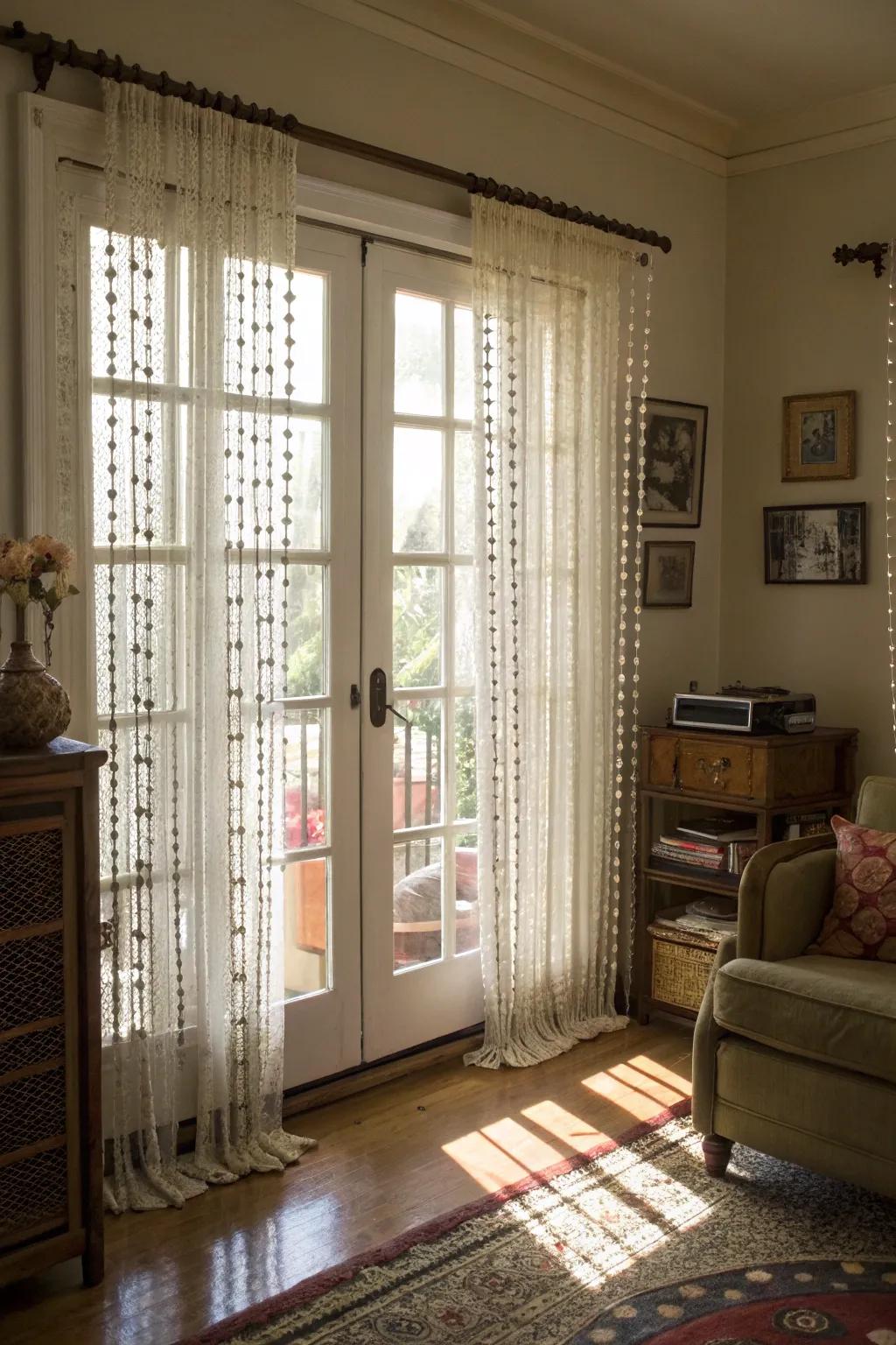 Beaded curtains adding a retro touch to French doors.