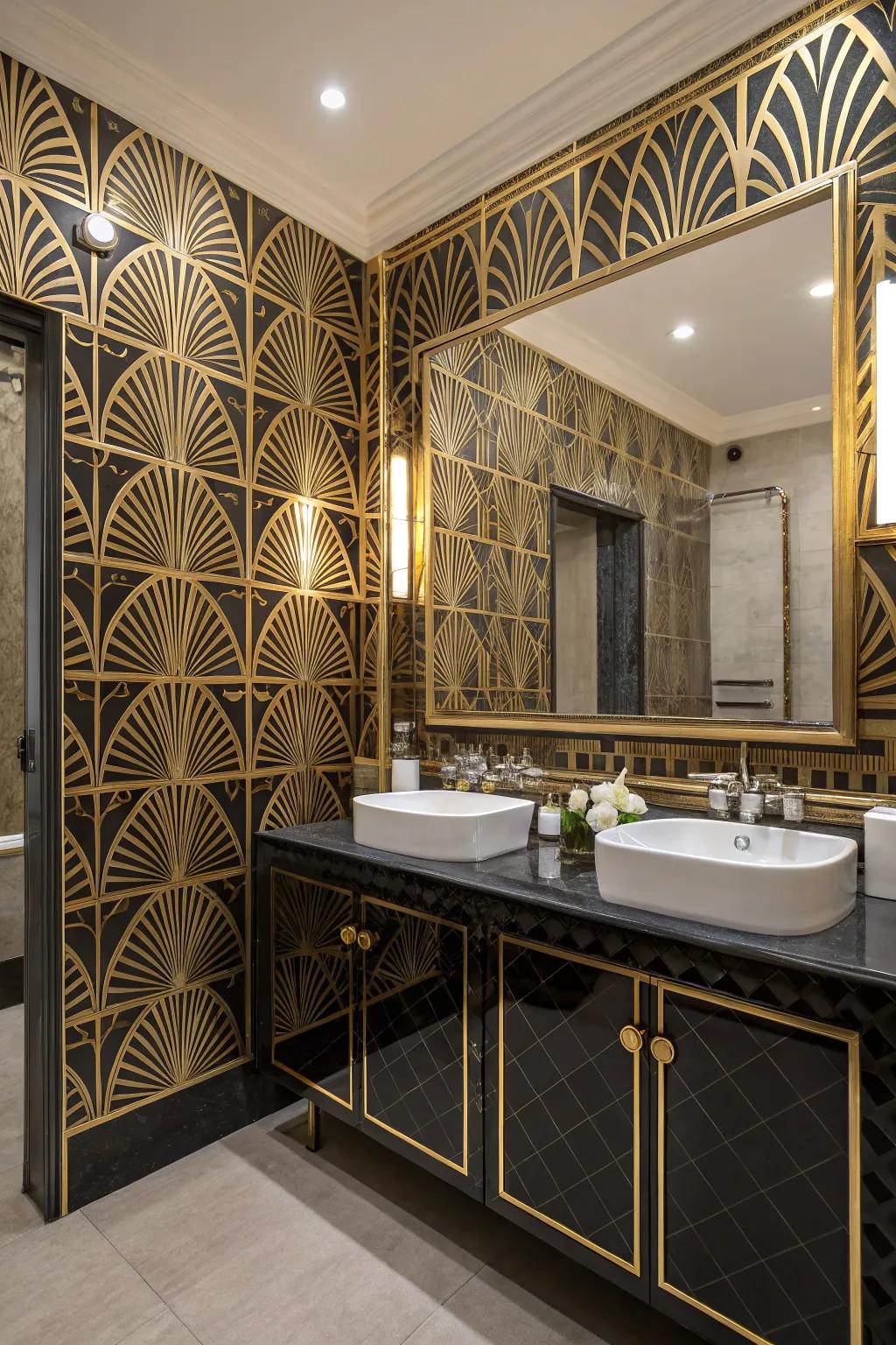 An elegant bathroom featuring Art Deco style tiles and sophisticated decor.