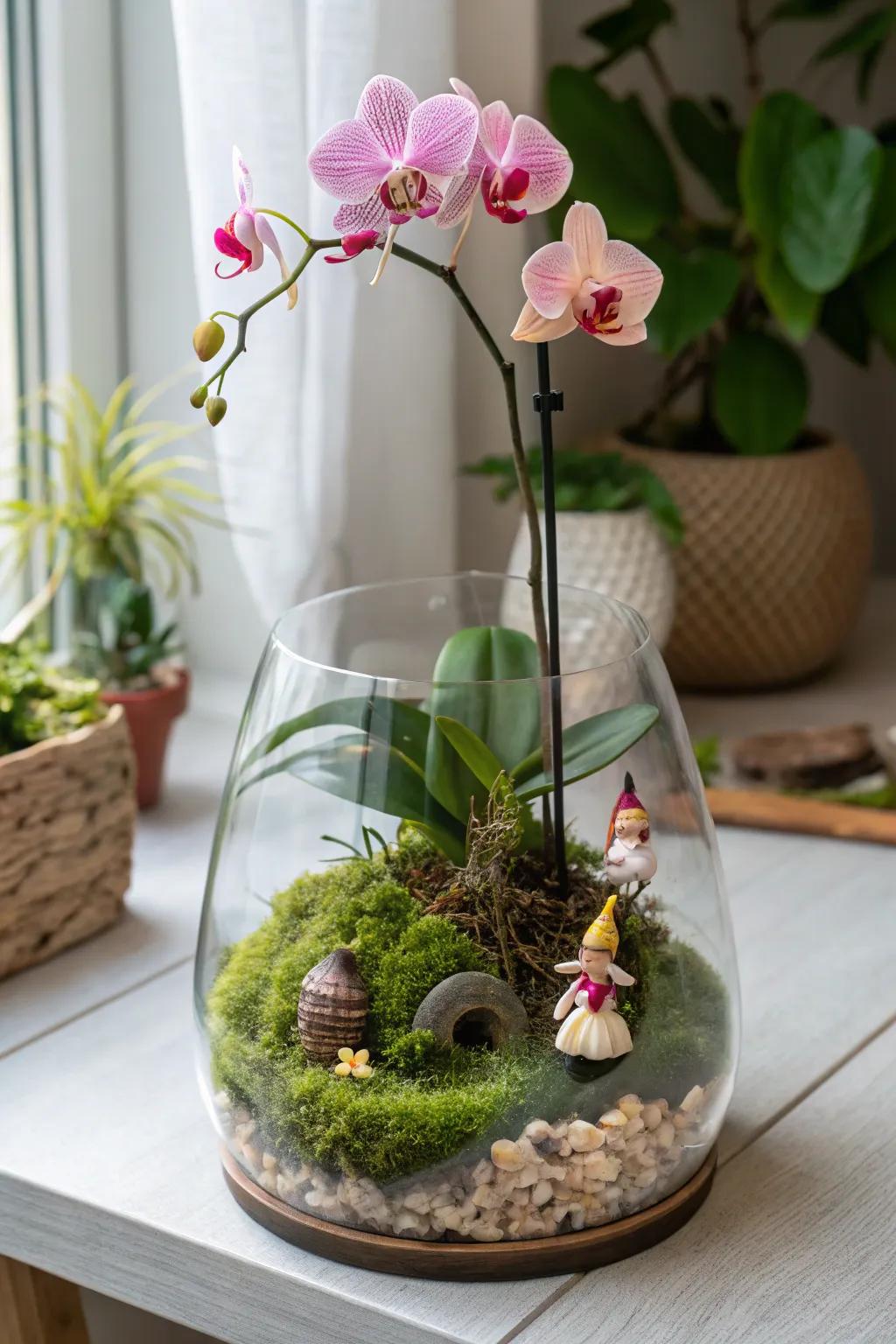 Step into a whimsical world with this enchanting orchid fairy garden terrarium, where simplicity meets magic.