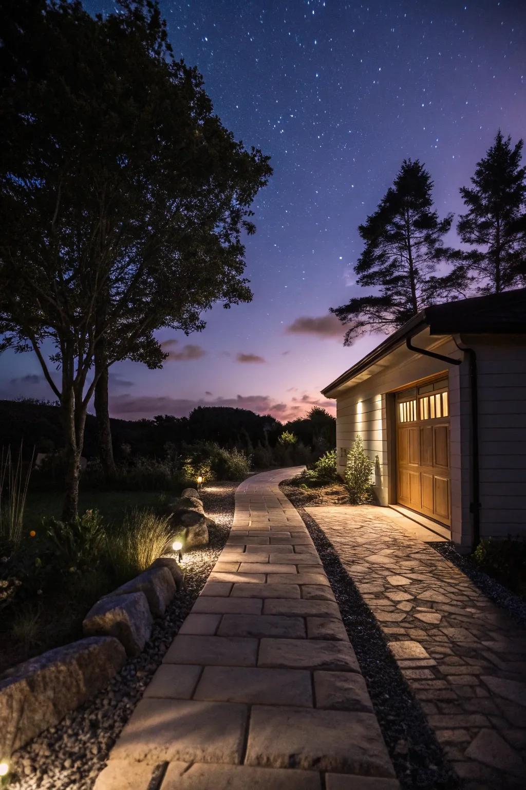 An illuminated pathway adds a welcoming glow to the stone garage.