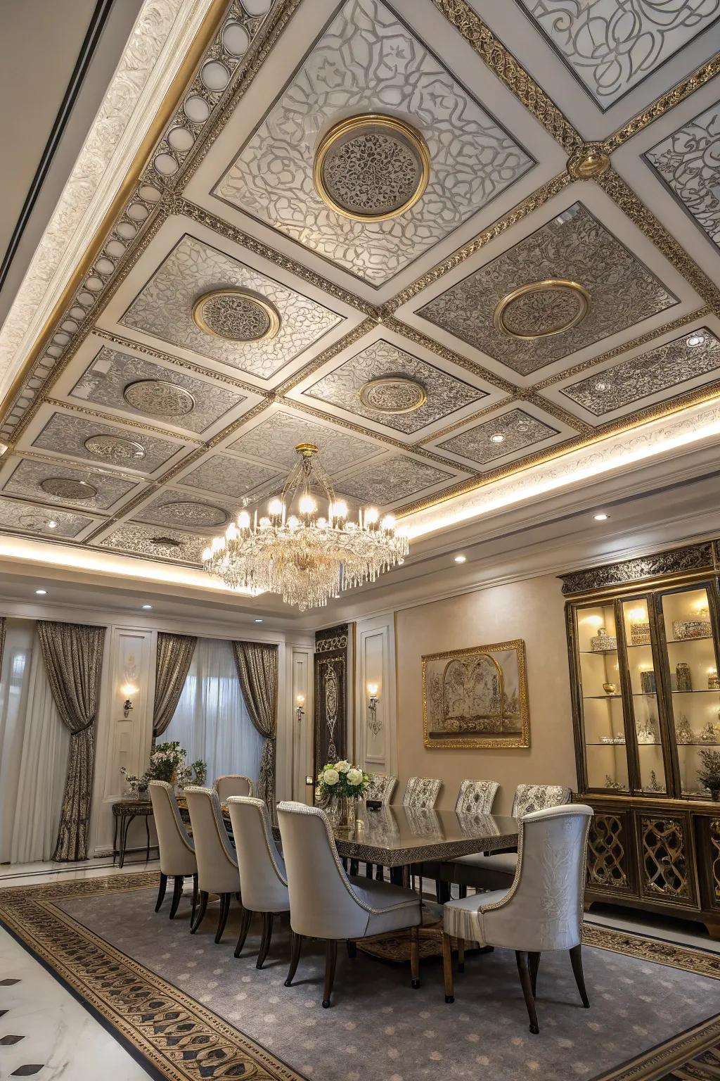 Metallic accents add a glamorous touch to coffered ceilings.