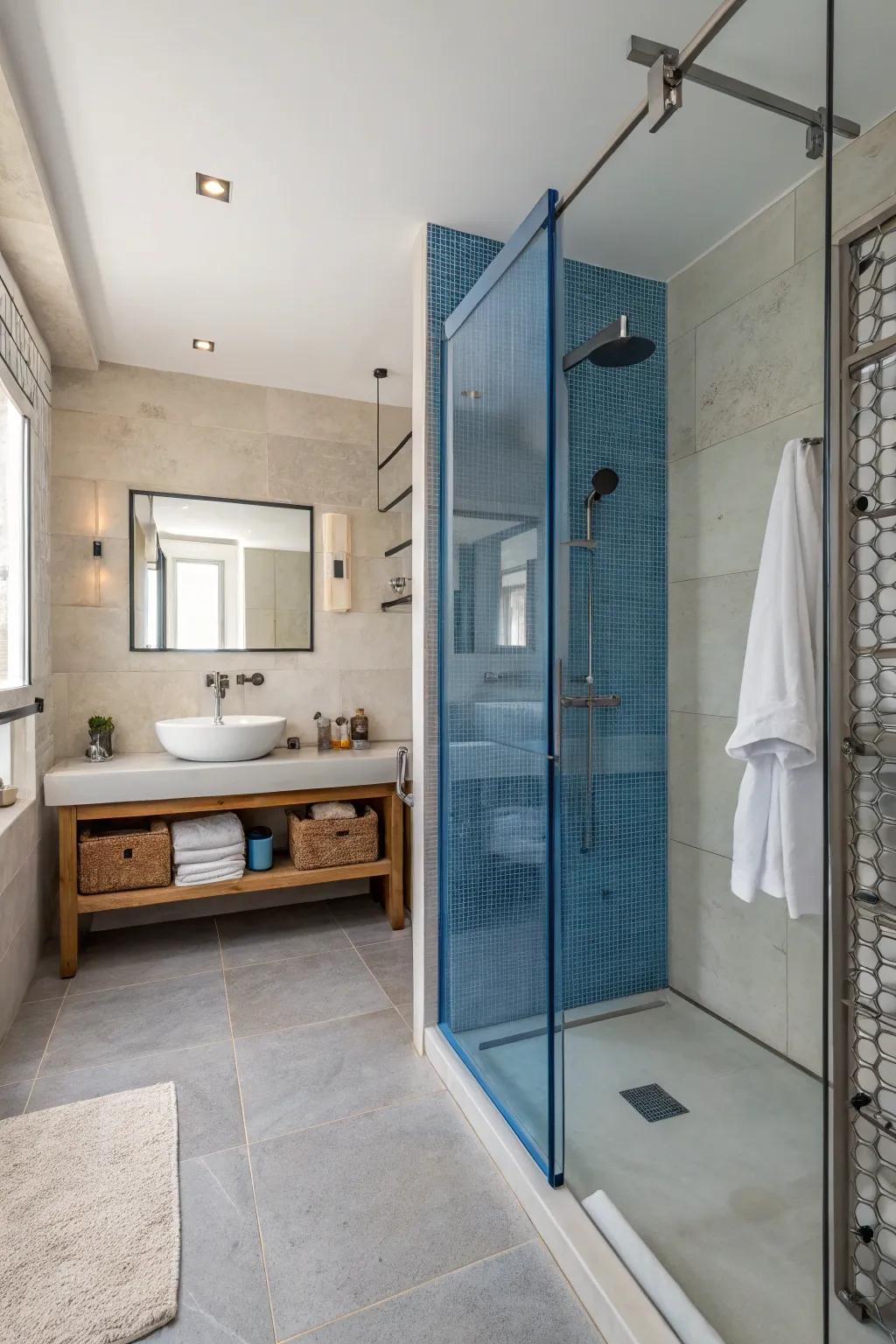 A blue glass shower enclosure adds modern elegance.