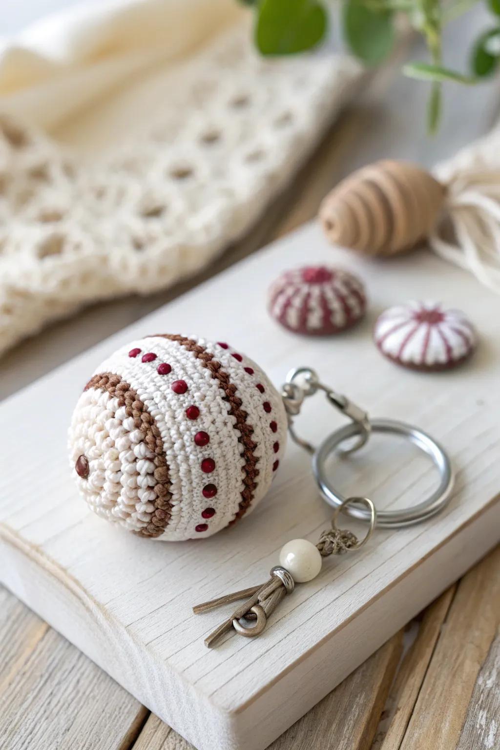 Discover the charm of playful patterns with this chic crochet keychain.