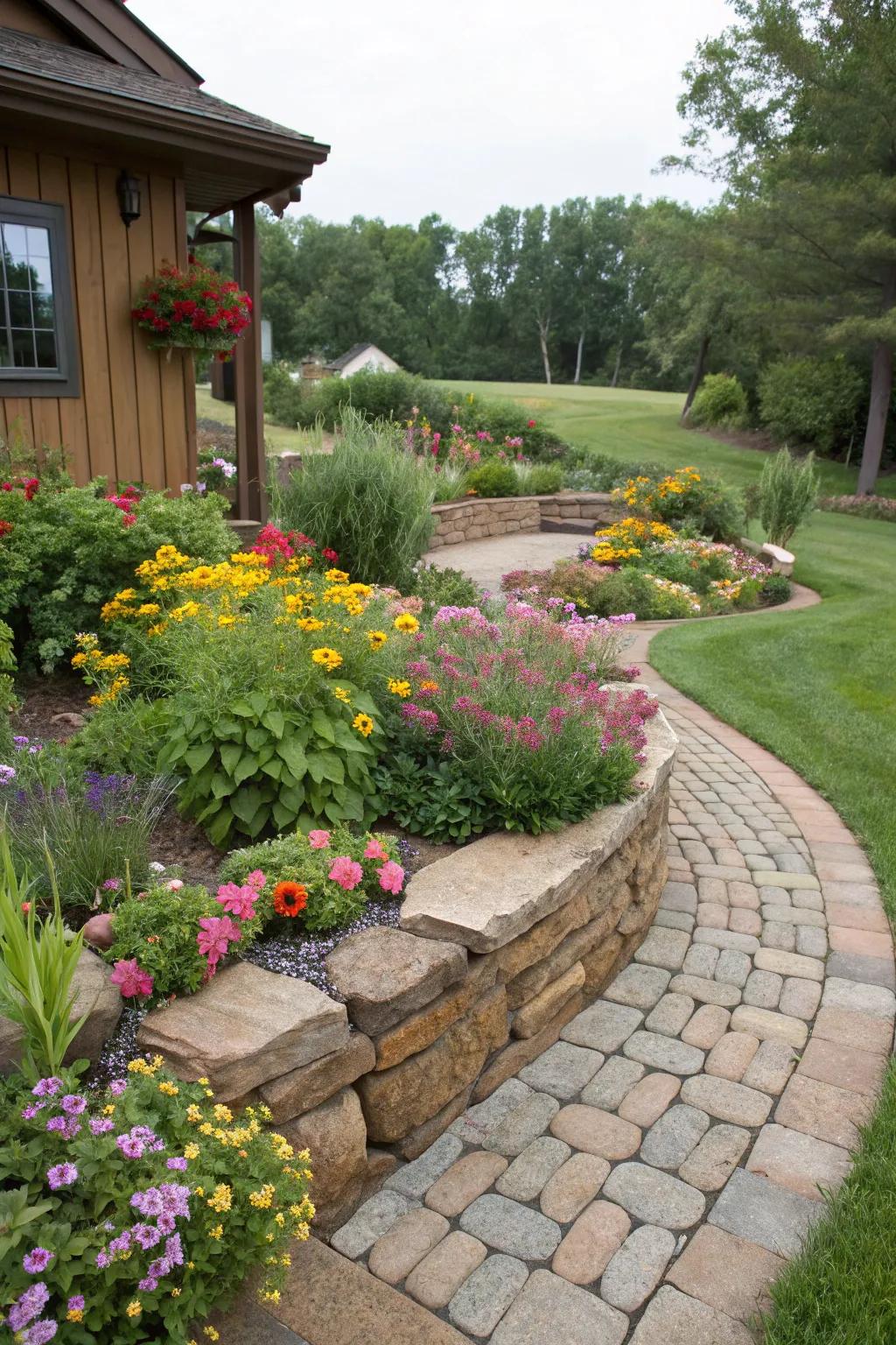 Stone edging adds definition and rustic charm.