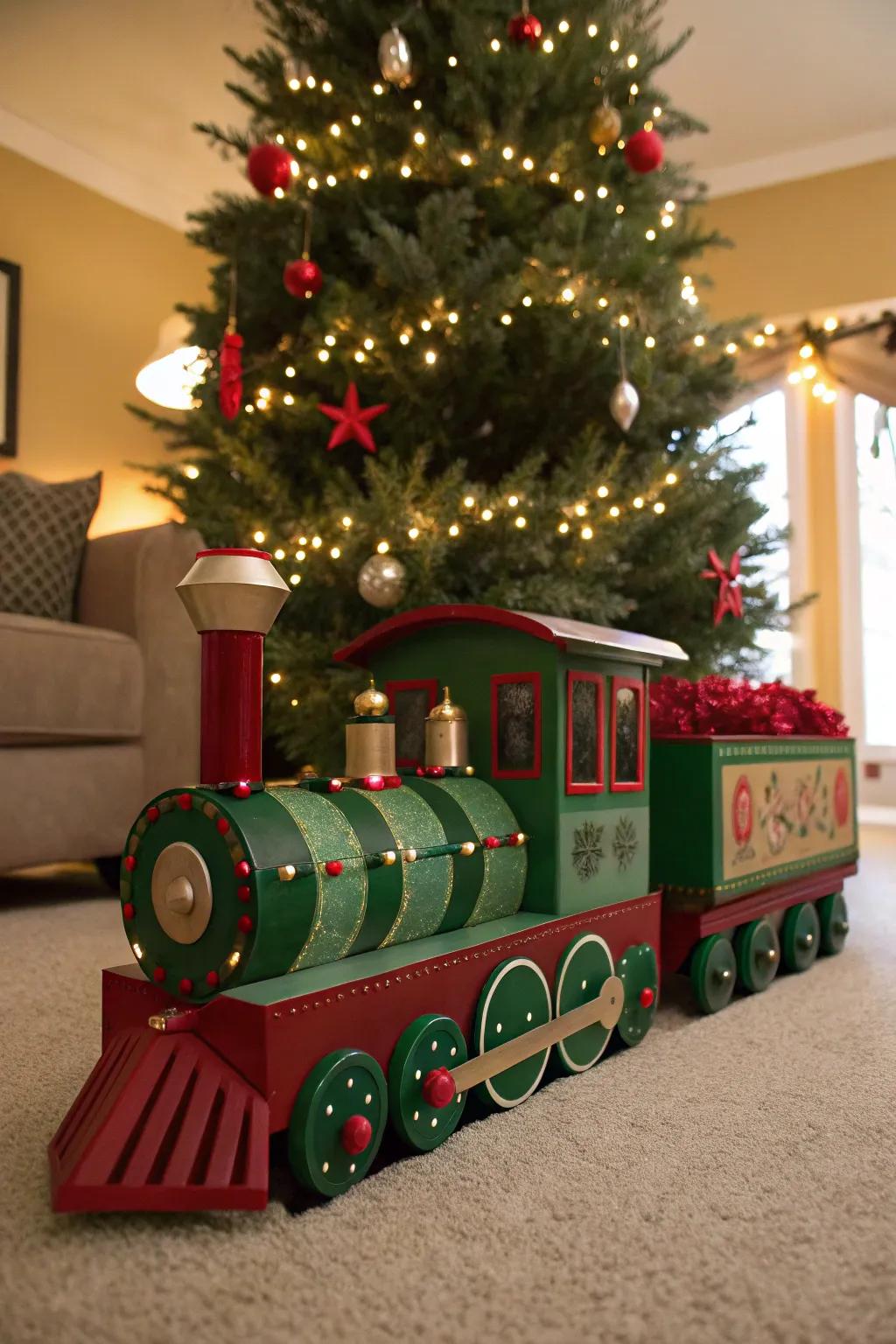 A DIY painted train adds a personal creative touch.