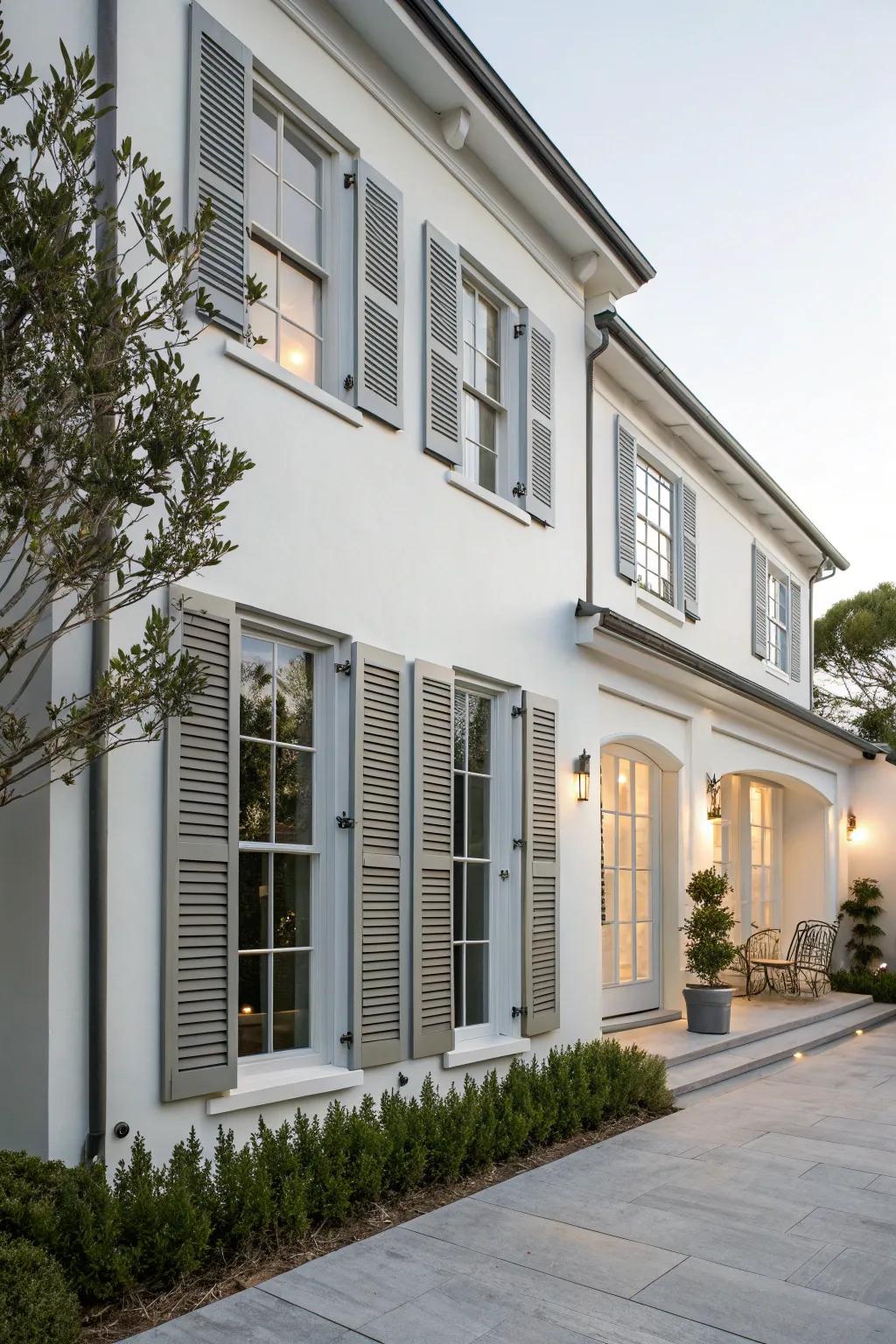 Greige shutters provide an elegant and understated contrast on this urban home.