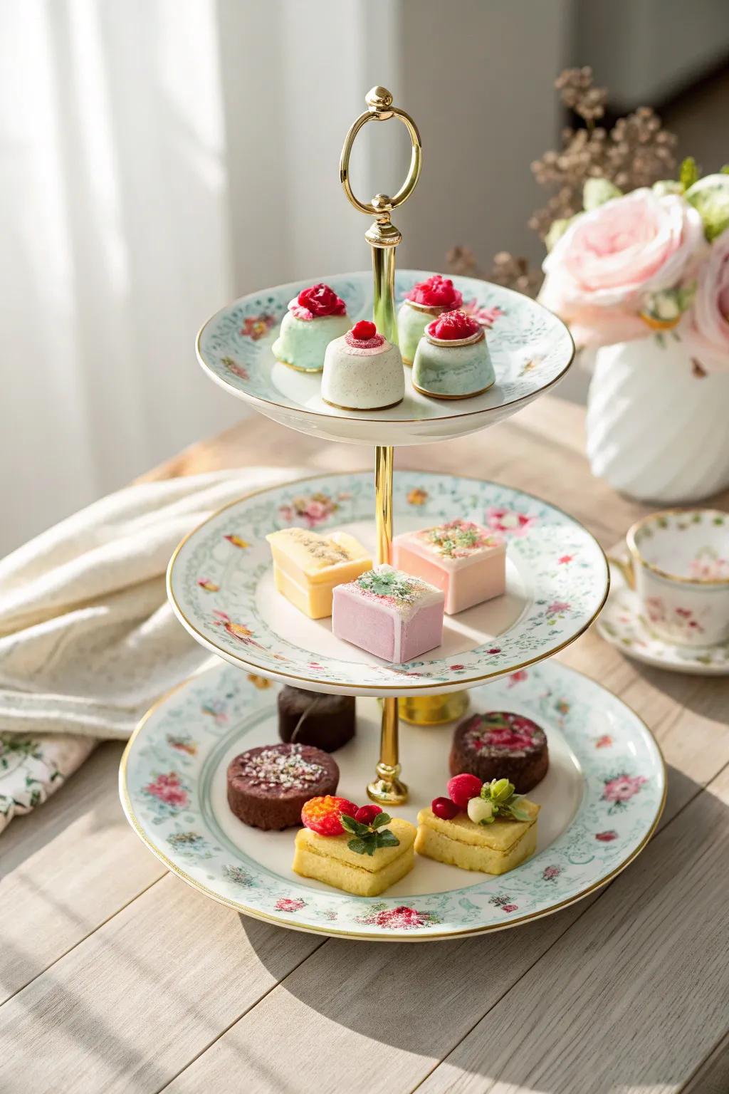 Elevate your tea party with charming mini 3-tiered cake stands made from vintage saucers, perfect for showcasing delightful petit fours. #CraftedElegance #TeaTime