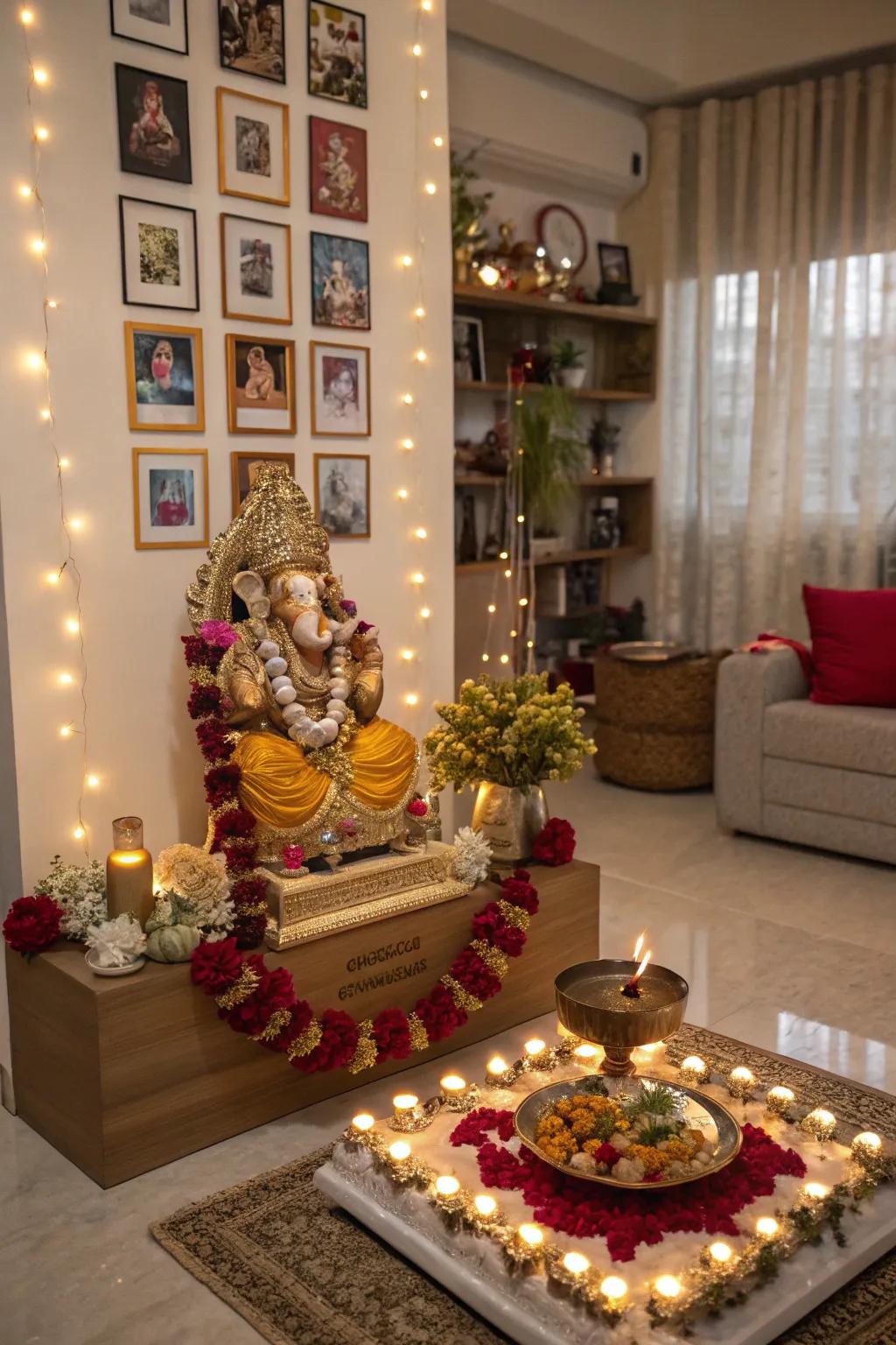 Personalized handcrafted decorations add a unique touch to this Ganpati setup.