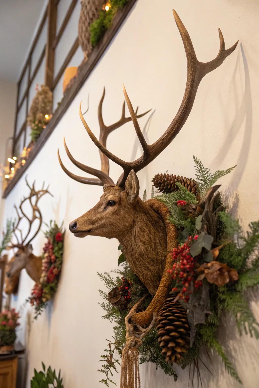 Make a bold statement with an eclectic deer antler wall sculpture.