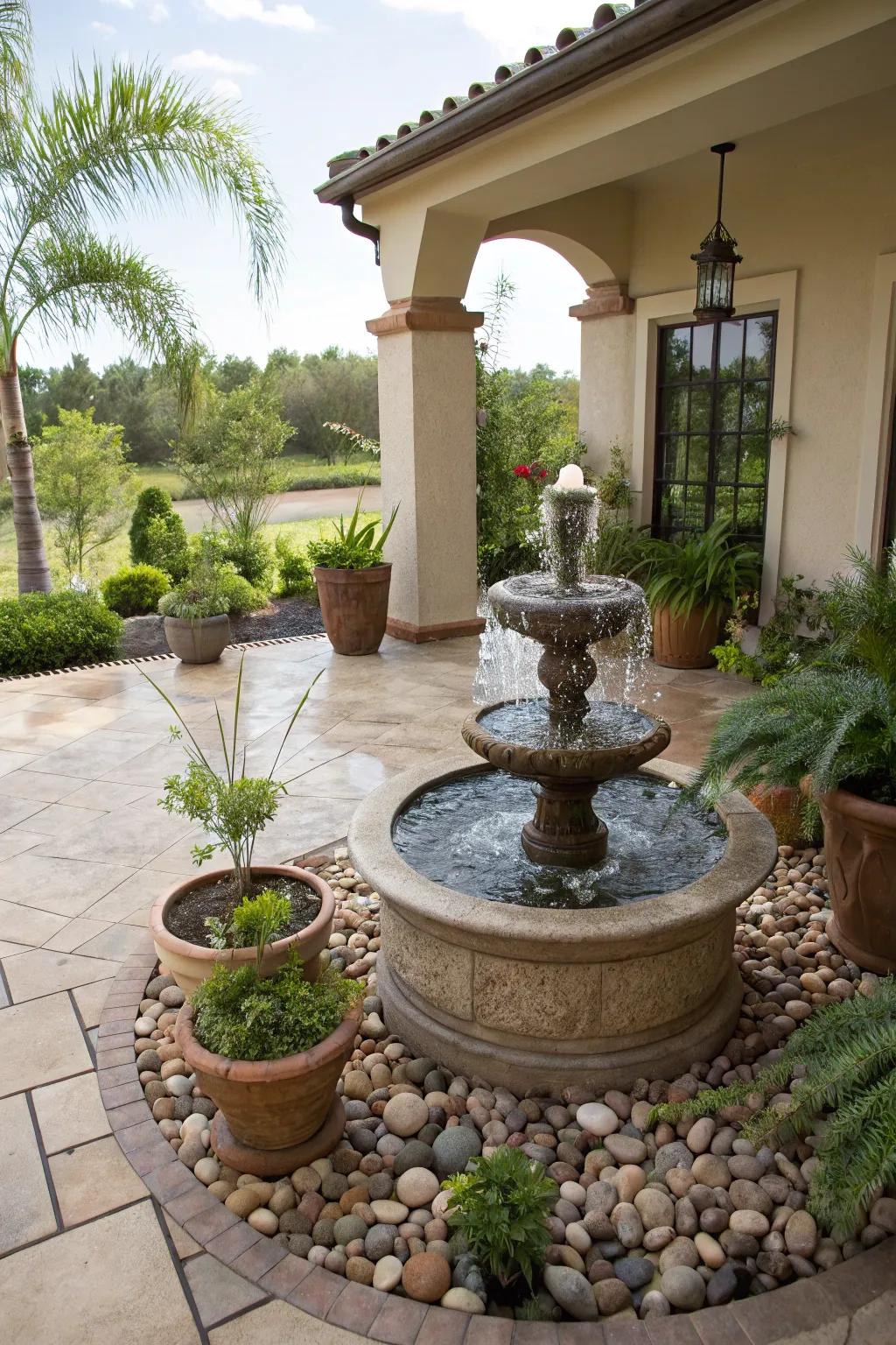 A tranquil courtyard enhanced by the soothing sound of a water fountain.