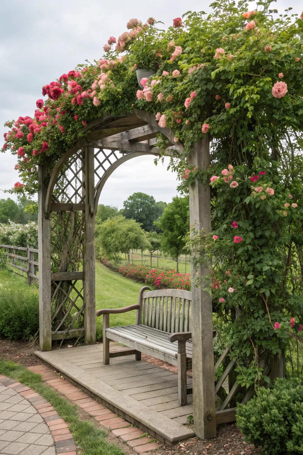 A trellis arbor with seating invites relaxation.