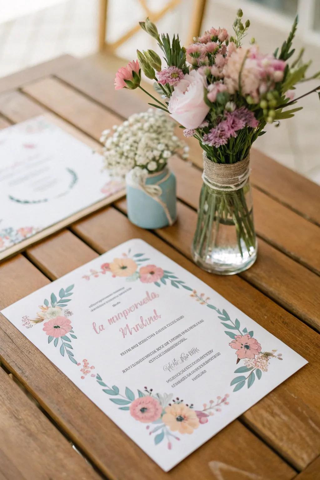 An invitation featuring pastel floral designs, embodying elegance.