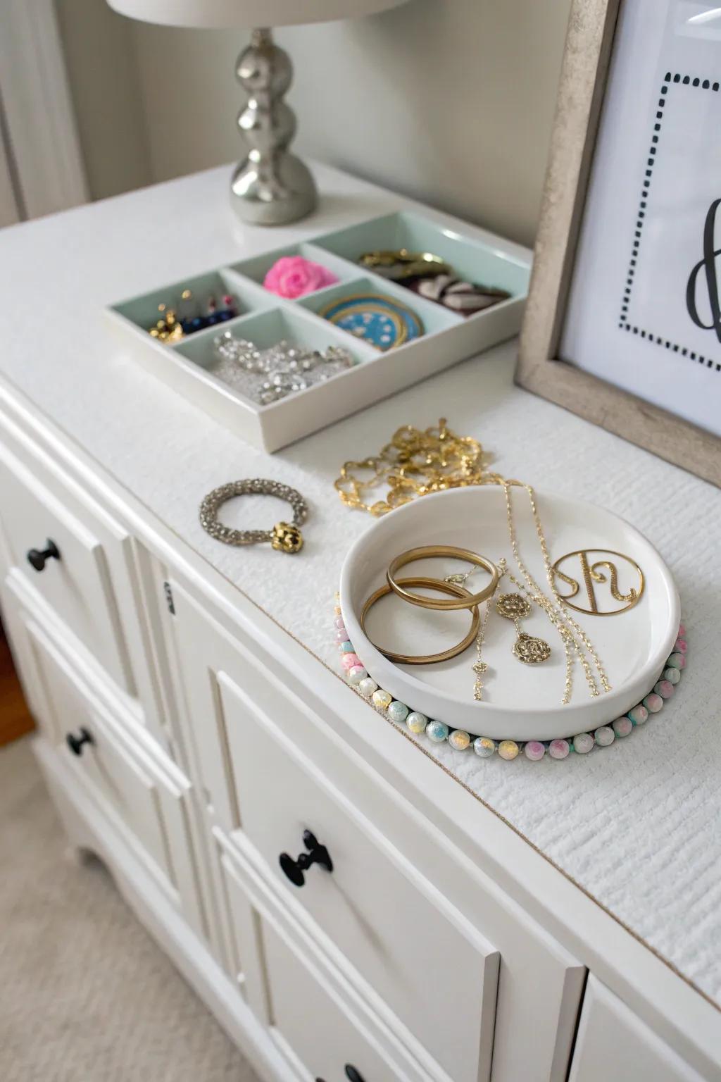 A personalized jewelry dish for organizing precious pieces.