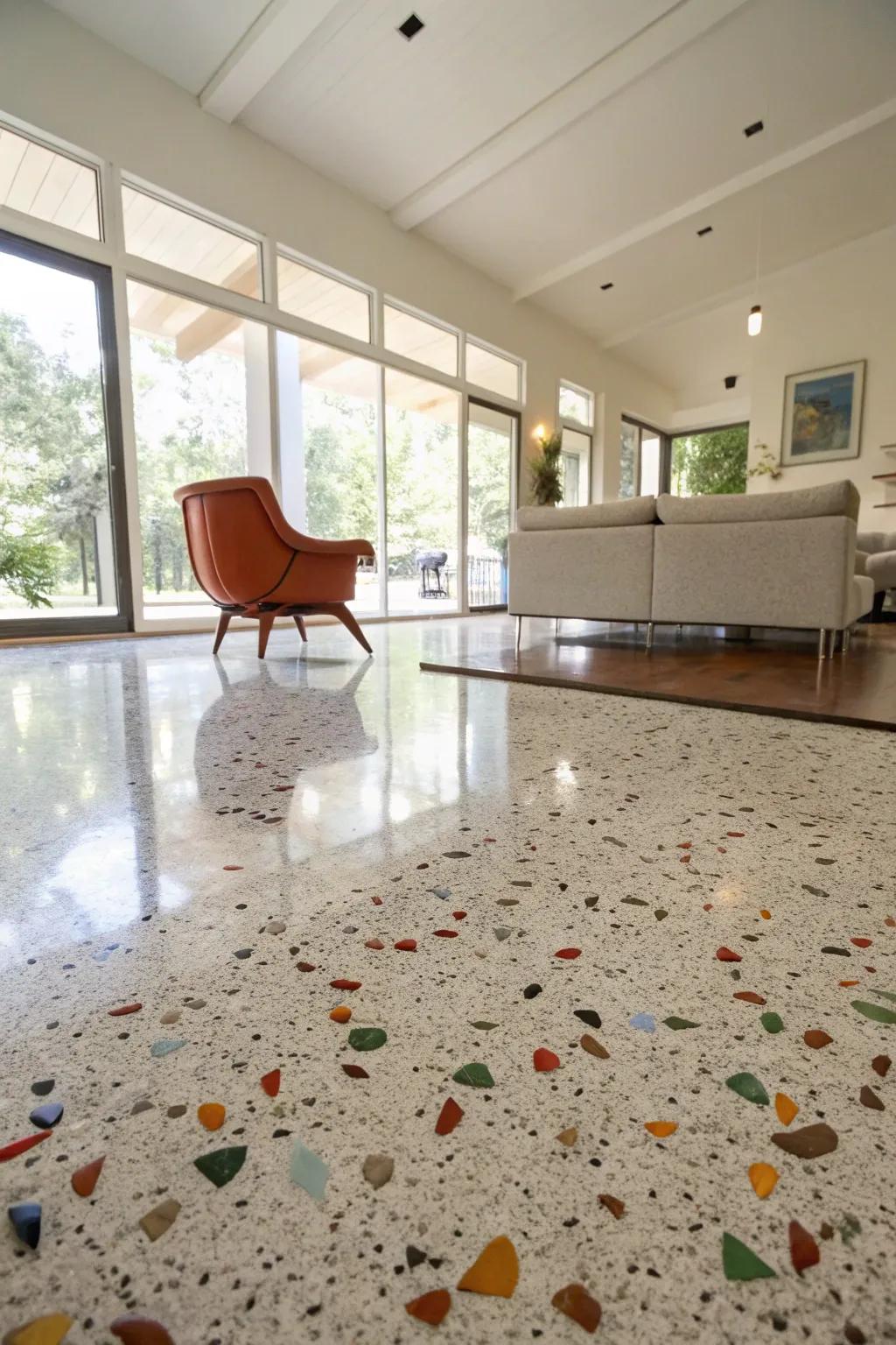 A mid-century modern living room with terrazzo-style epoxy flooring.