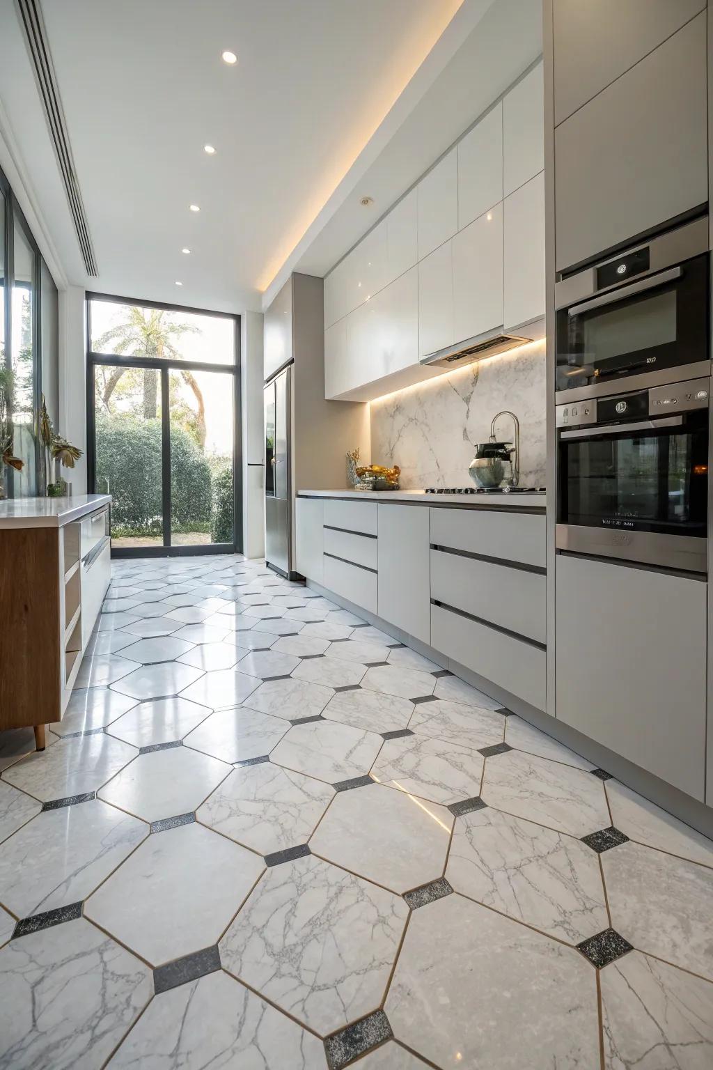 A modern kitchen featuring contemporary hexagon marble floors.