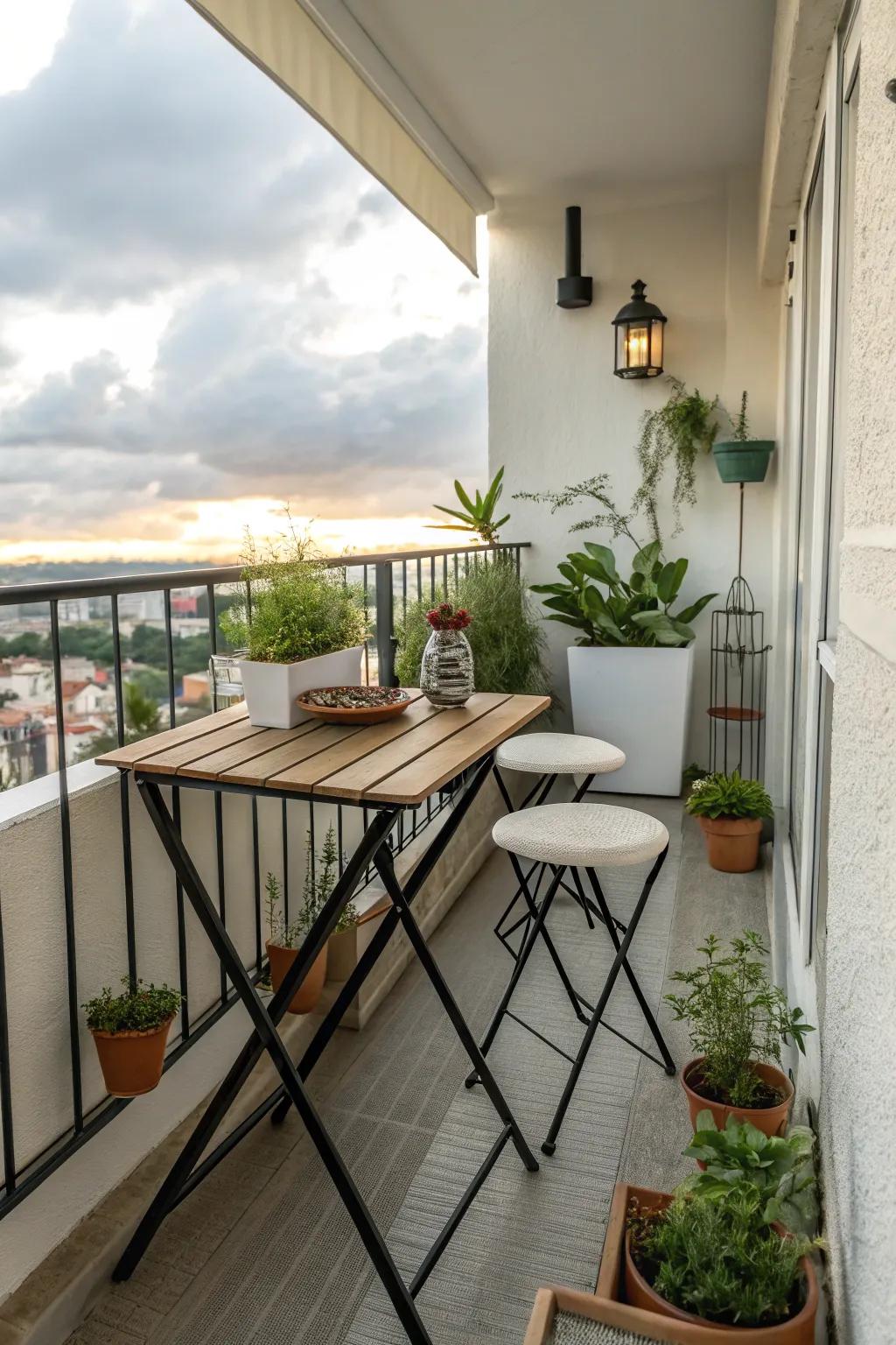 Foldable tables are perfect for adaptable balcony bars.