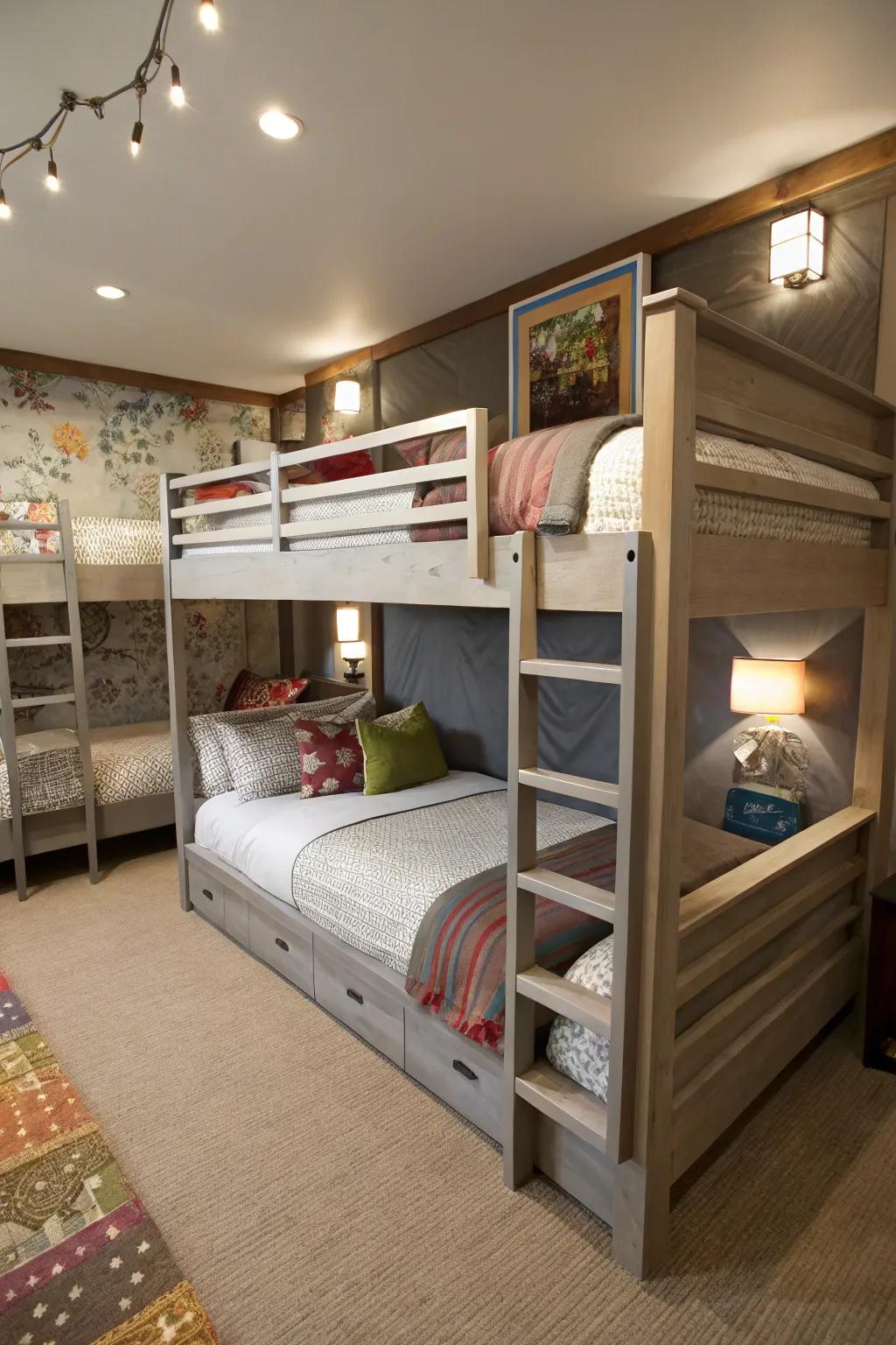 Staggered quad bunk beds create a visually interesting and unique sleeping arrangement.