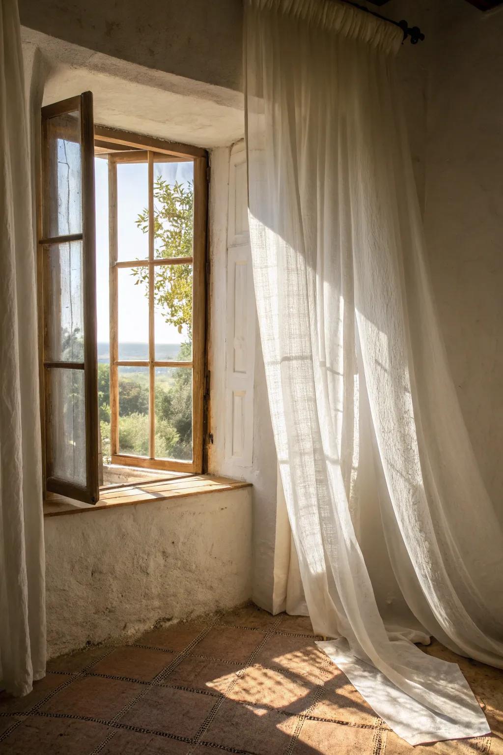 Sheer curtains on a small window letting in gentle sunlight.