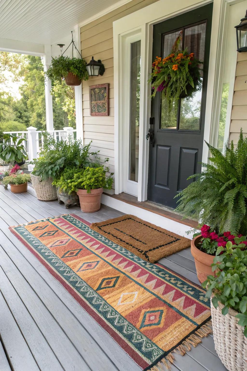 Layering rugs on your porch adds texture and a welcoming touch.