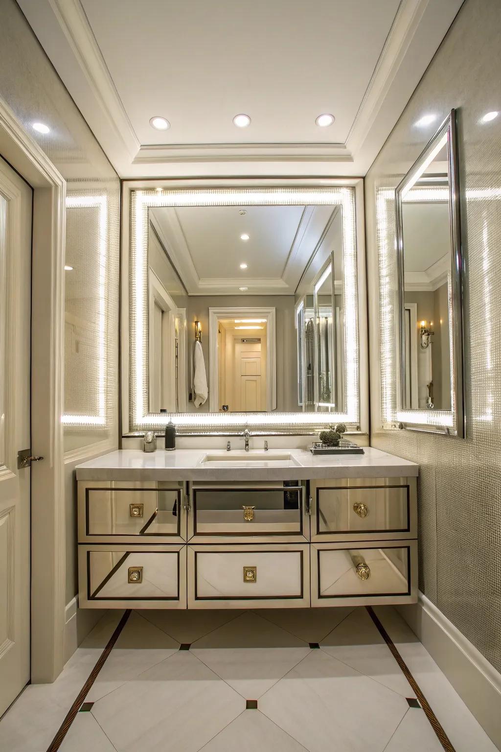 Mirrored surfaces amplify light and space, enhancing your vanity area.