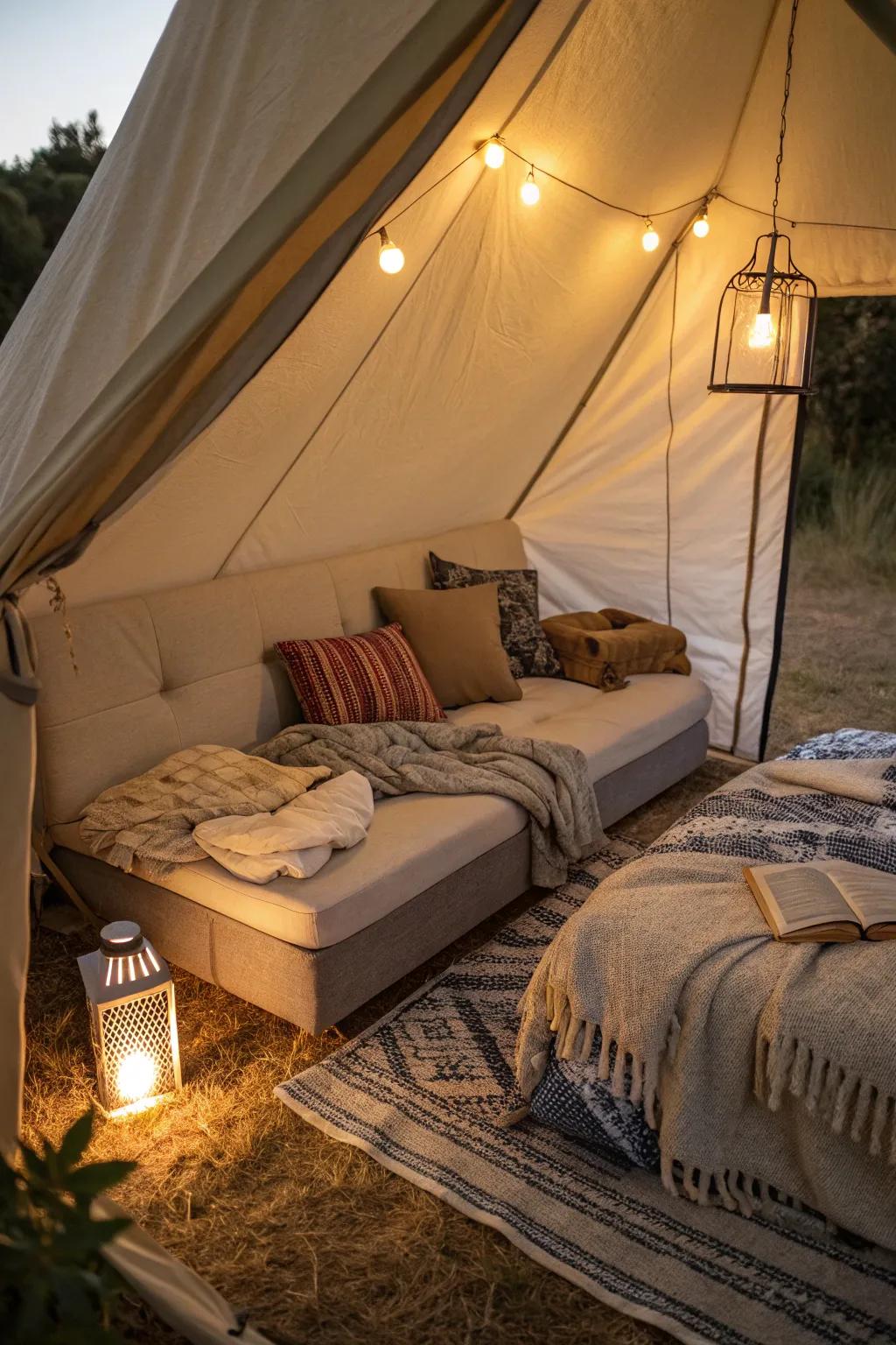 A convertible sofa bed, offering flexible comfort for social and sleeping spaces.