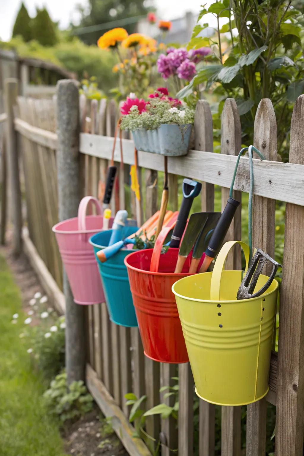 Storage buckets on a fence make organizing a breeze.
